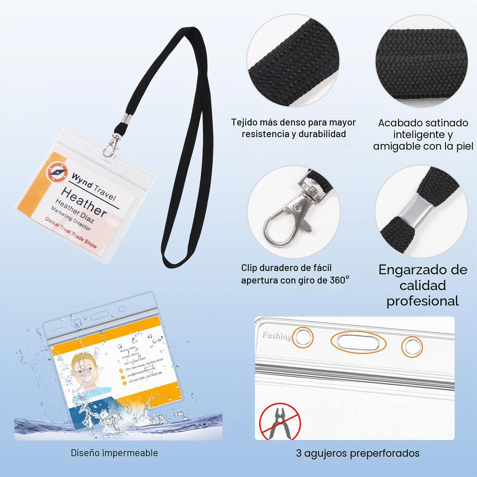 Fushing 50 para tarjetas de identificación horizontales de plástico transparente con cordones para tarjetas de identificación y cordones para insertos de identificación de 7,6 x 10,2 cm