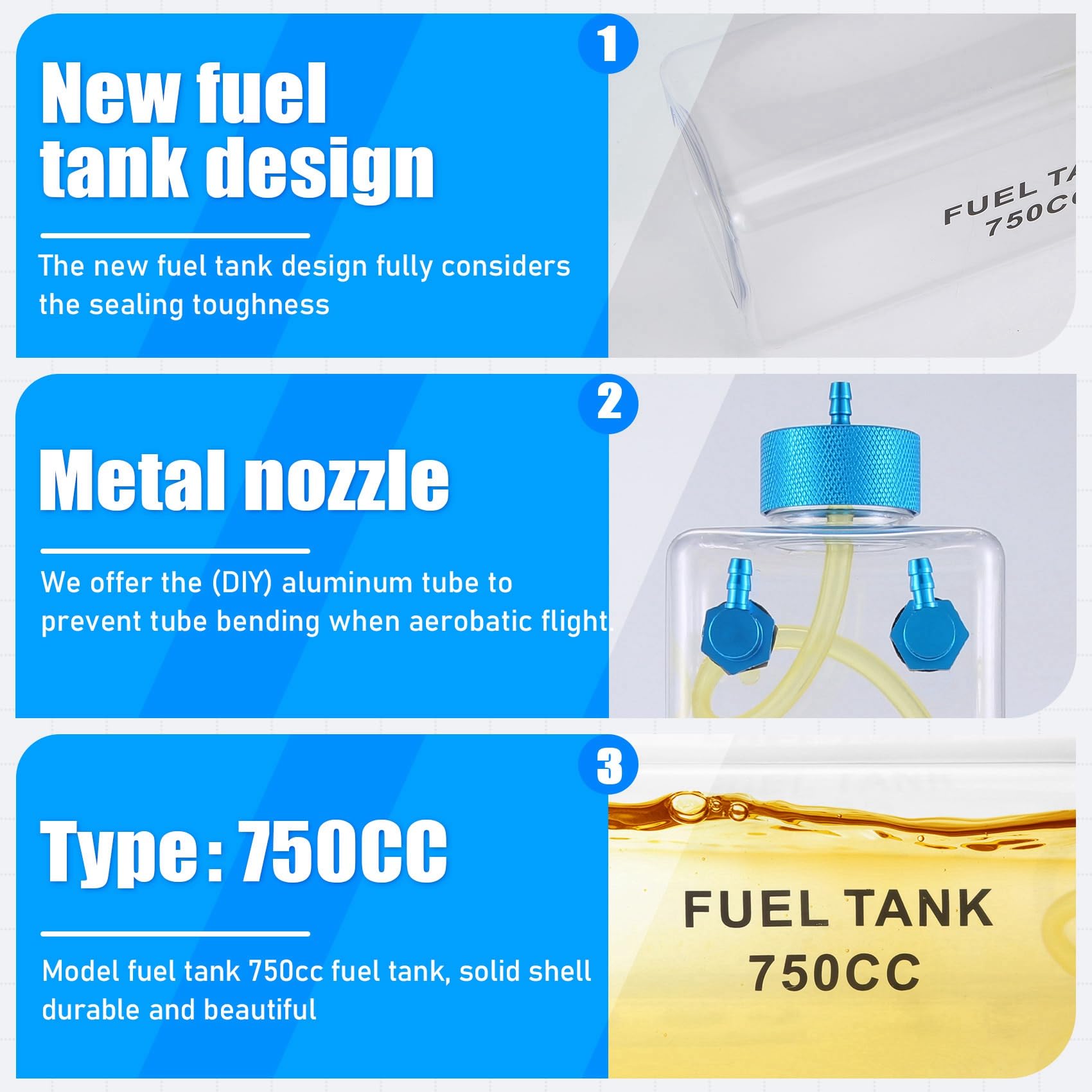 Réservoir de carburant essence Bouteille en plastique transparent 750 CC CNC pour gaz RC et avion nitro