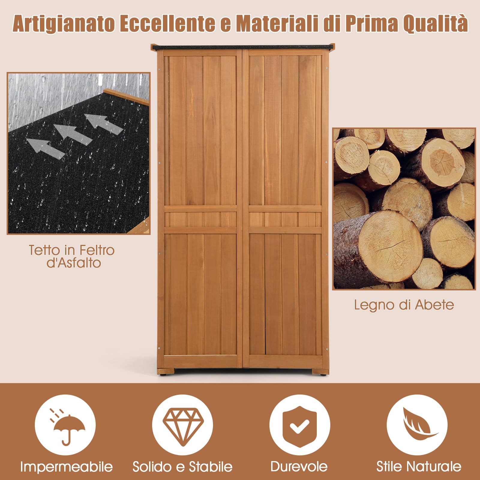 COSTWAY Capanni da Esterno, Armadio da Giardino in Legno Massiccio con 3 Ripiani Rimovibili, Tetto Impermeabile in Asfalto, Piedini Regolabili, Ripostiglio per Giardino, Terrazza e Cortile