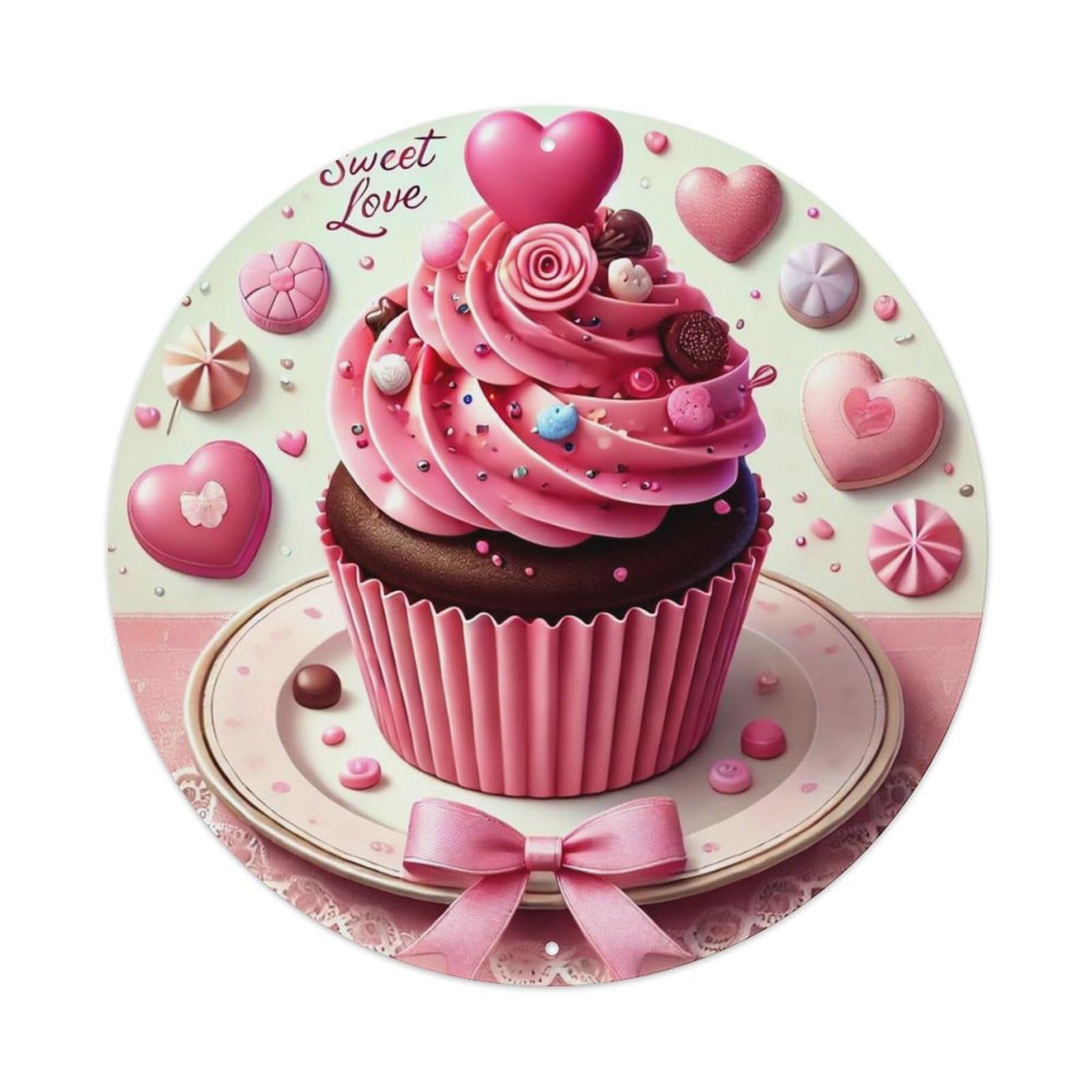 Sweet Love Cupcake Hearts Pink Round Metal Tin Sign Vintage Wall Decor, Bar Garage Cafe Kitchen Home Wall Art Poster 8x8inches