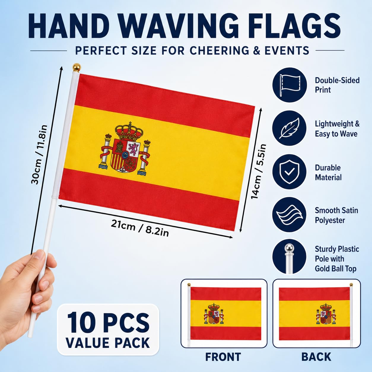 Banderas de Mano España 14x21 cm 10 Unidades Poliéster con Palo para Fútbol y Eventos