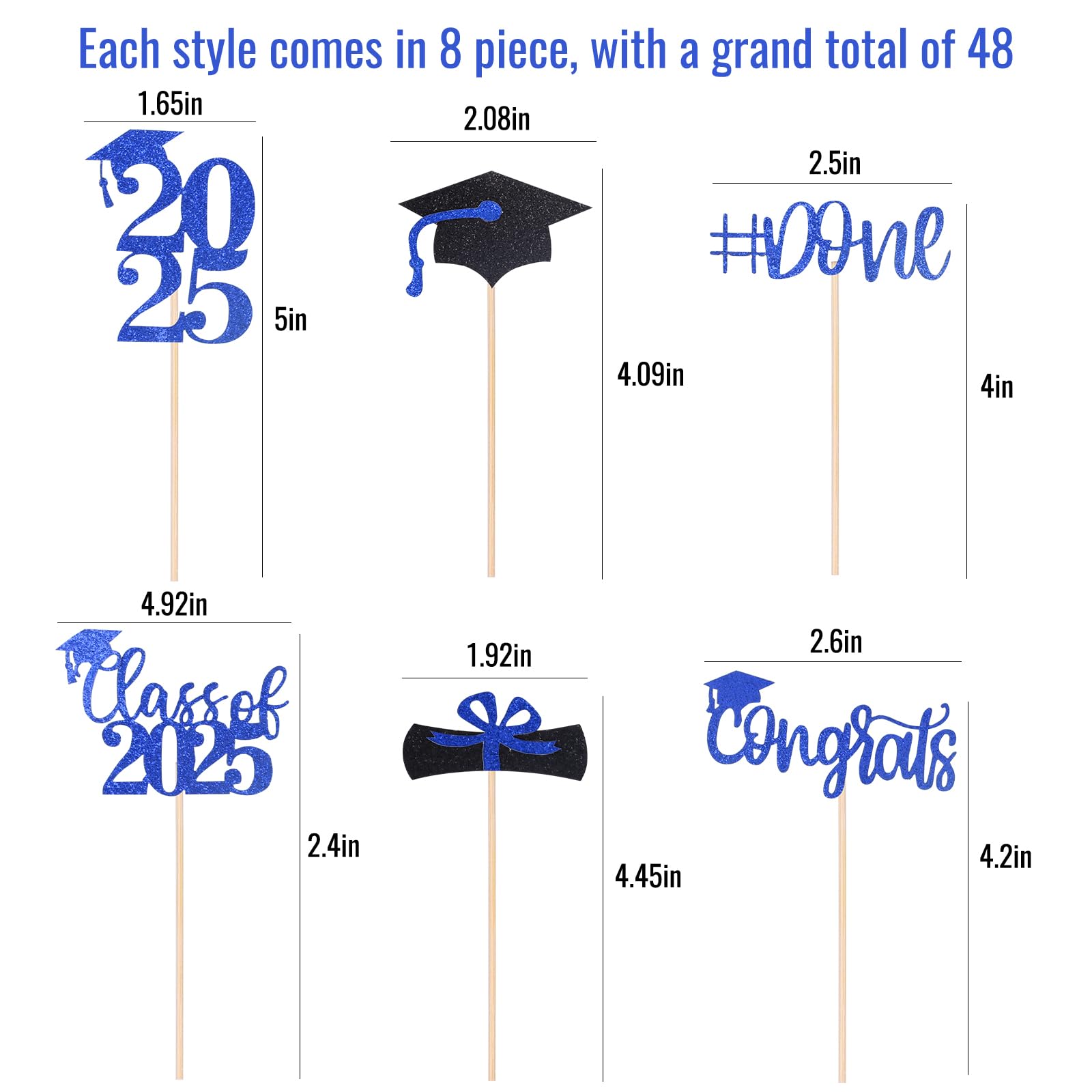 STARSIDE Graduation Cake Toppers,48 PACK Cupcake Toppers,Blue and Black Graduation Cake Decoration for 2025 Grad
