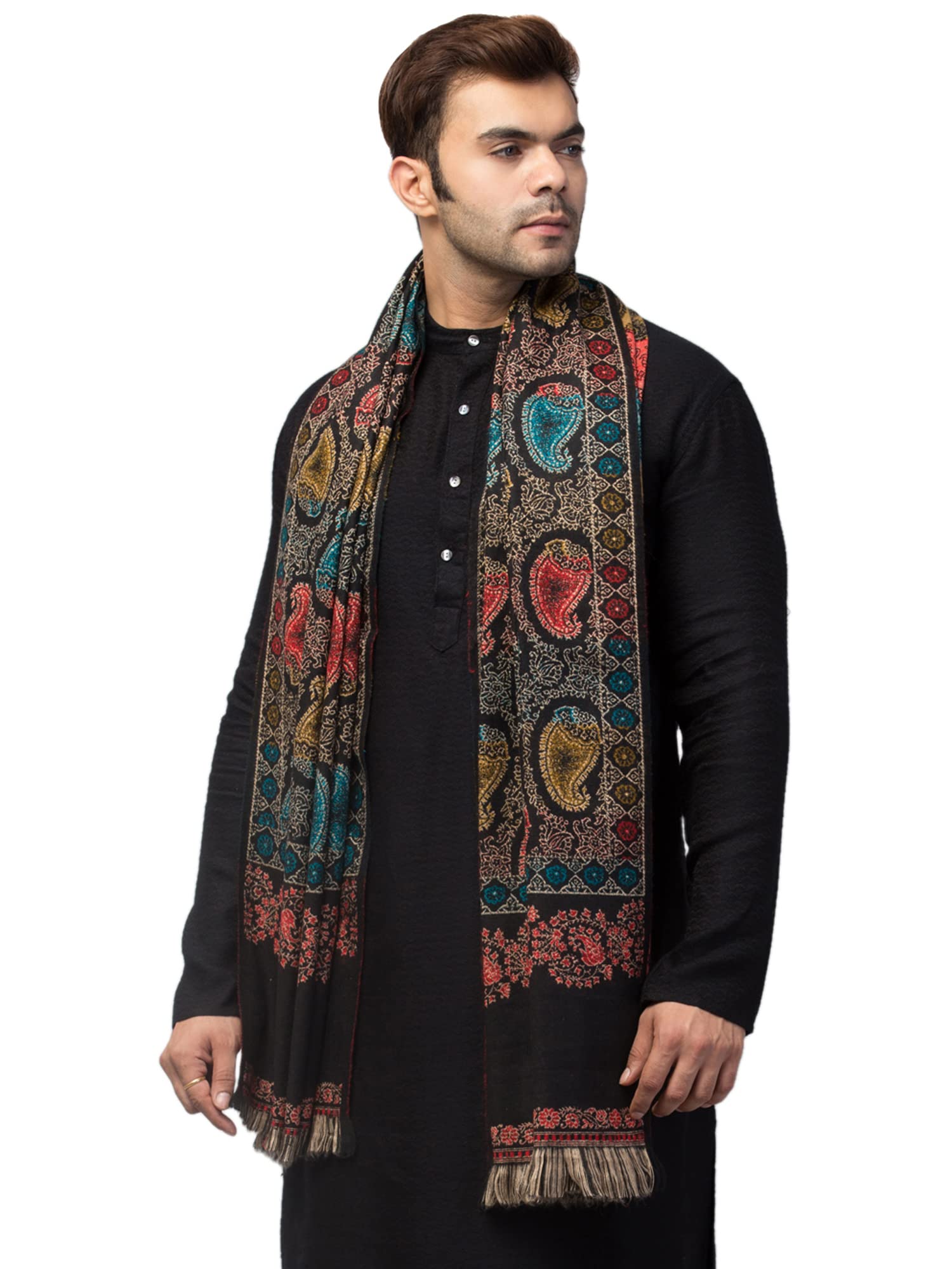 tweedle Men’s Mustard Jamawar Weave Warm and Soft Woolen Shawl/Stole with Ambi Jaal Design (40 x 80 inches) 1