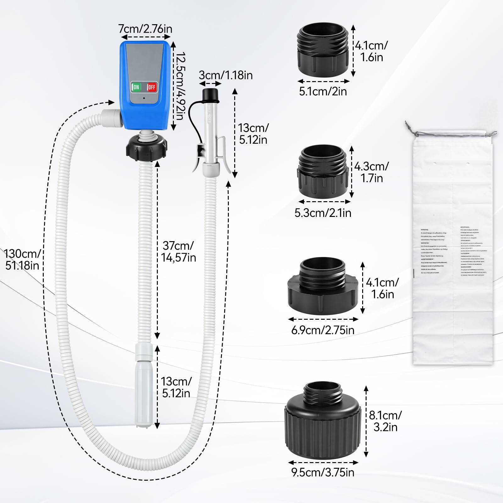 Pompe à Essence Électrique à Piles, 3,2 GPM Fuel Transfer Pump pour Essence | Pompe à Carburant avec Capteur d'arrêt Automatique 12 L/min, Tuyau de 1,3 m, 4 Adaptateur de Réservoir pour Diesel, Huile Eau