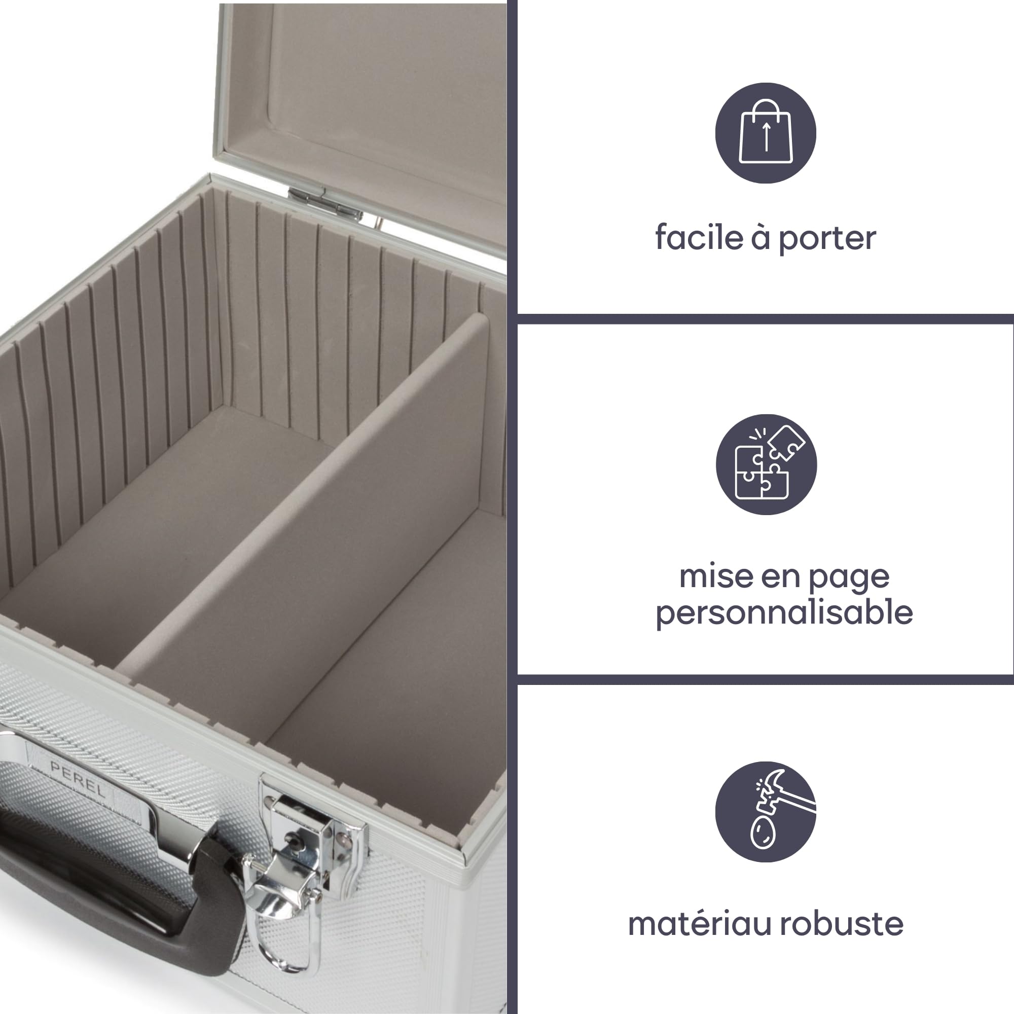 Perel Coffret pour 40 CD, verrouillage à clé, 2 clés, aluminium, 280 x 268 x 160 mm