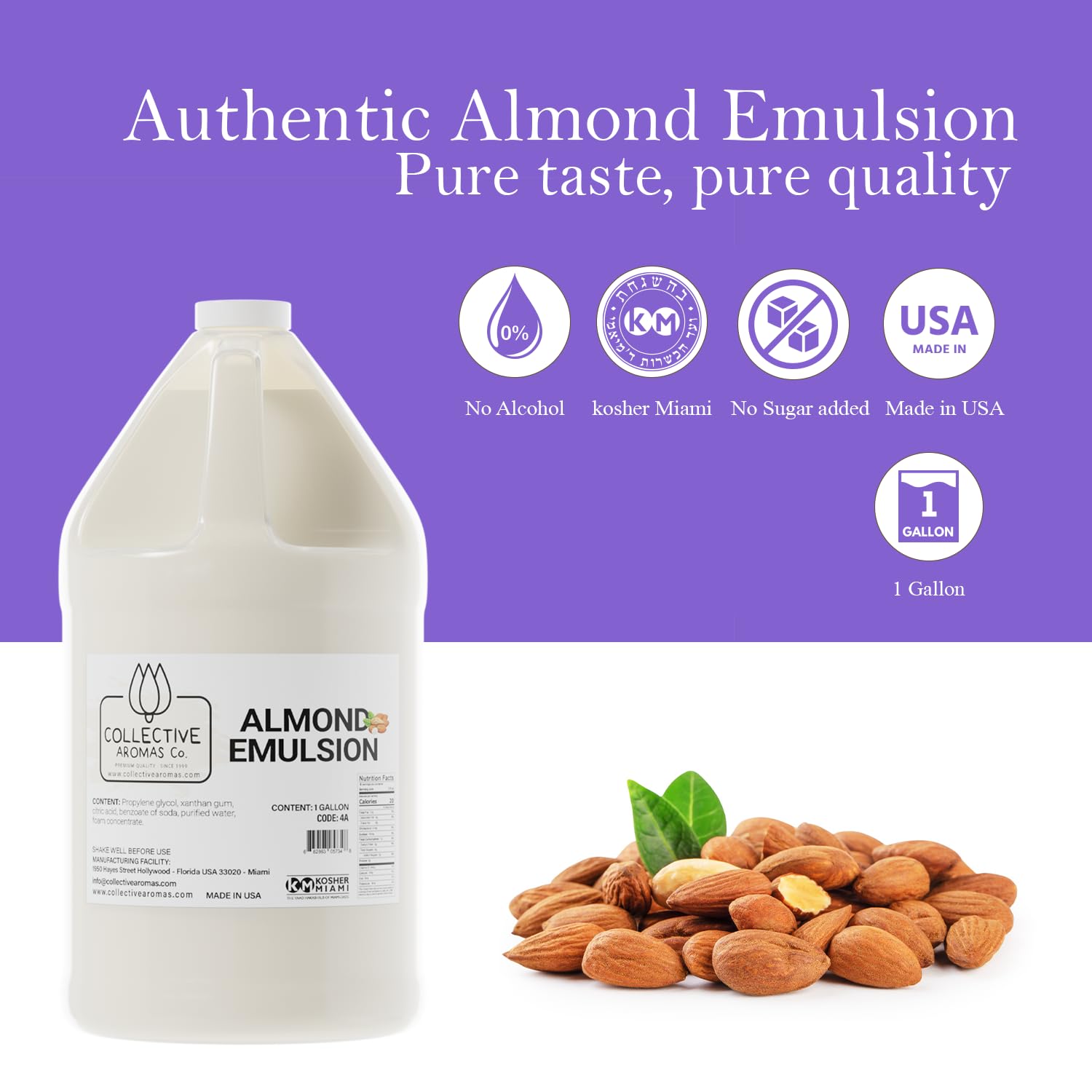 Almond Emulsion for Baking, Concentrated Almond Flavoring for Cakes, Cookies, Frosting & Fillings, Heat- Stable Liquid, 1 Gallon 128 fl oz, Kosher, Made in USA