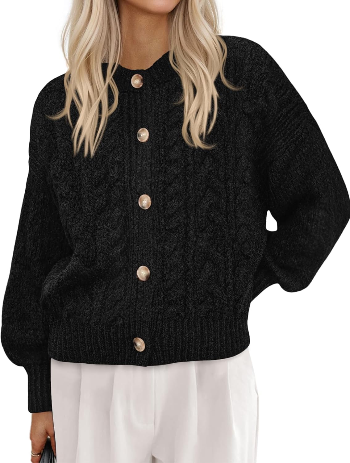 BTFBM Chunky Cardigan Sweaters for Women Fall Fashion 2025 Button Lantern Long Sleeve Cable Knit Winter Coats Outerwear
