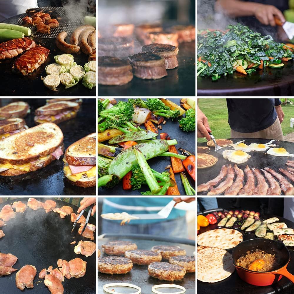 Various foods cooking on Evo flattop grill