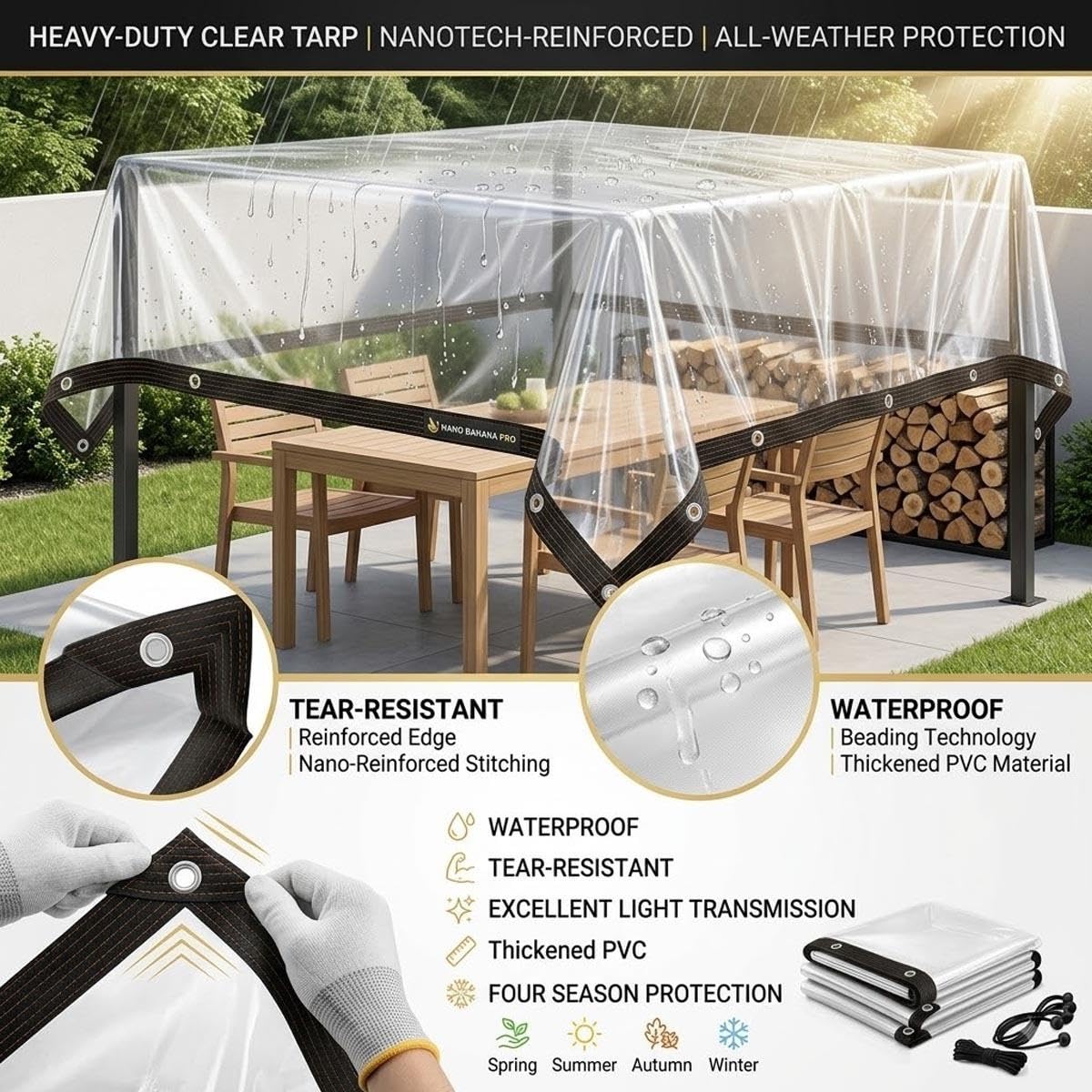 Generico Telo Impermeabile Esterno Trasparente con Occhielli, in PVC 2x3.0m