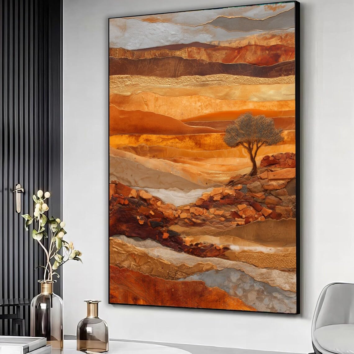 XBTYKPB Paisaje en tonos tierra cálidos, cuadro de escena desértica en lienzo, pintura de árboles y colinas rocosas, decoración natural con textura, listo para colgar (60x90cm/marco interior).
