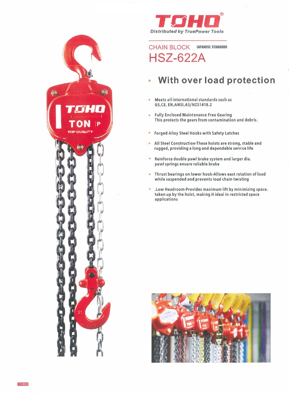 TOHO HSZ-622A OP Chain Block Hoist with Overload Protection (1 Ton