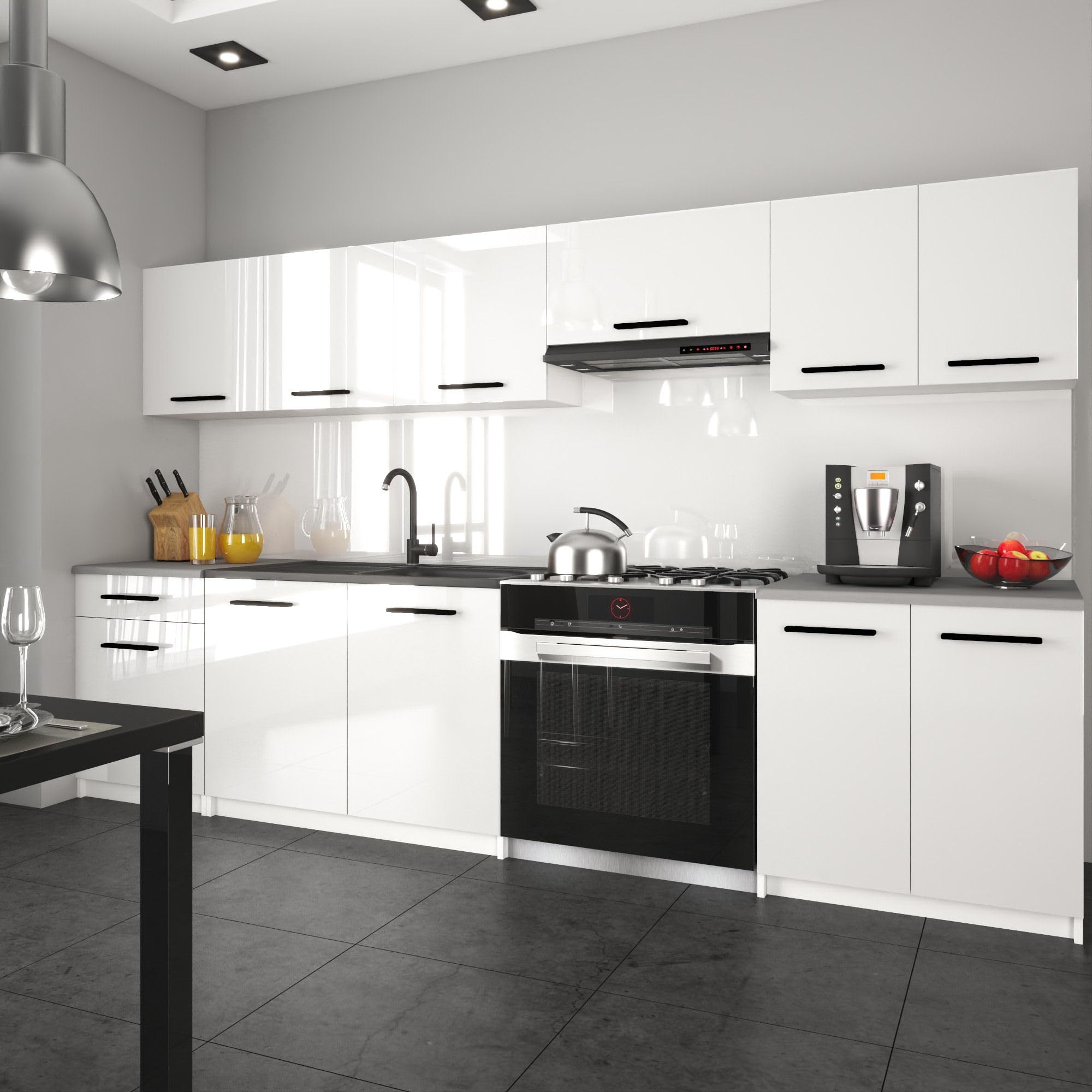 Belini Italia 2 Liniowa szafka kuchenna 240cm Biały Błyszczący | ECONATURA DECOR Liniowa szafka kuchenna, szafka, bez sprzętu AGD, z blatem roboczym