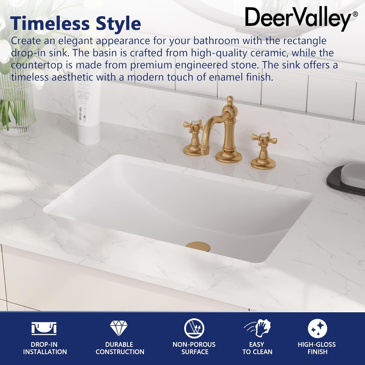 DeerValley 48.8" x 22" Bathroom Vanity Sink Top with Three-faucet Holes, Ceramic Bathroom Vanity Top with Overflow, Rectangle Drop in Bathroom Vessel Sink DV-1V0227