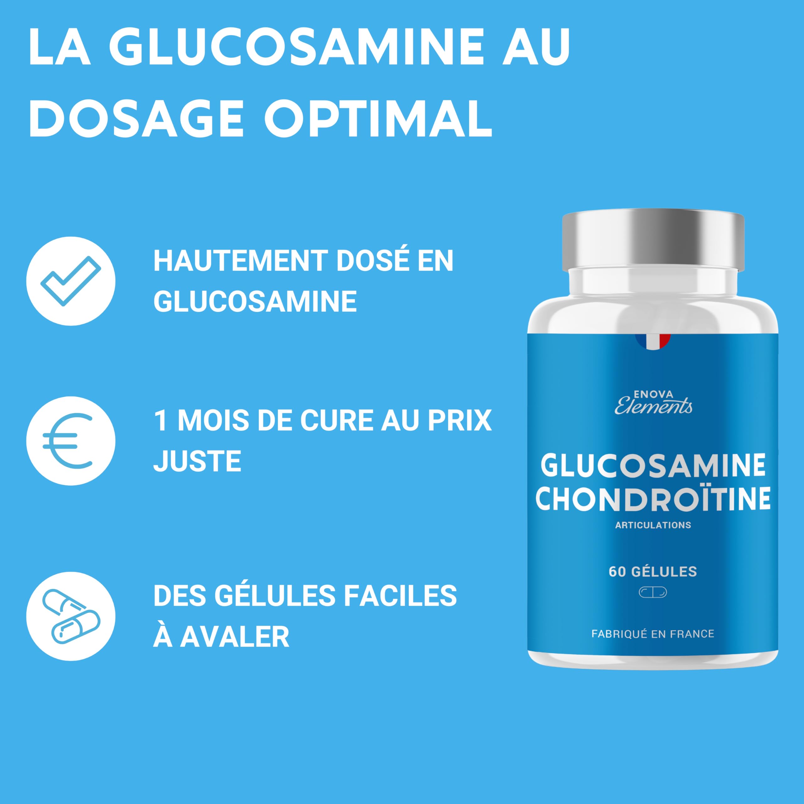 GLUCOSAMINE + CHONDROÏTINE | Articulations douloureuses, Mobilité | 60 gélules | Complement alimentaire | Fabriqué en France | Glucosamine chondroïtine