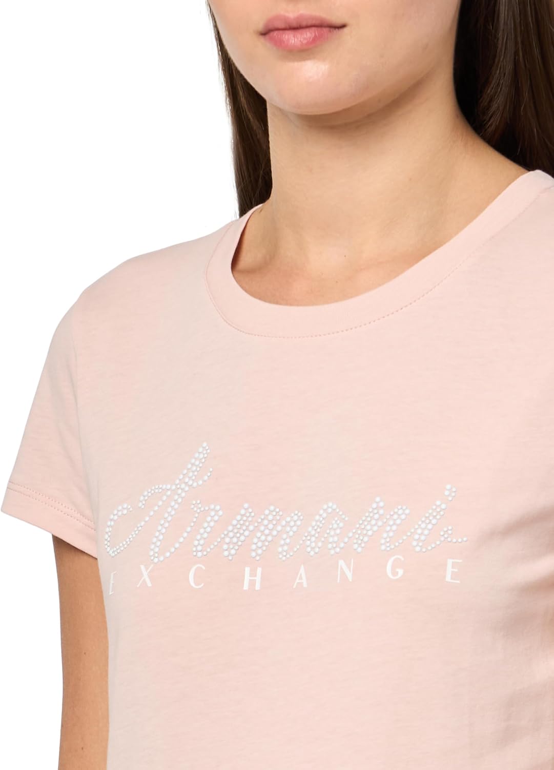 Armani Exchange Women's Short Sleeve Classic Script Logo Scoop Neck Tee, Milk Punch, Large - Image 3