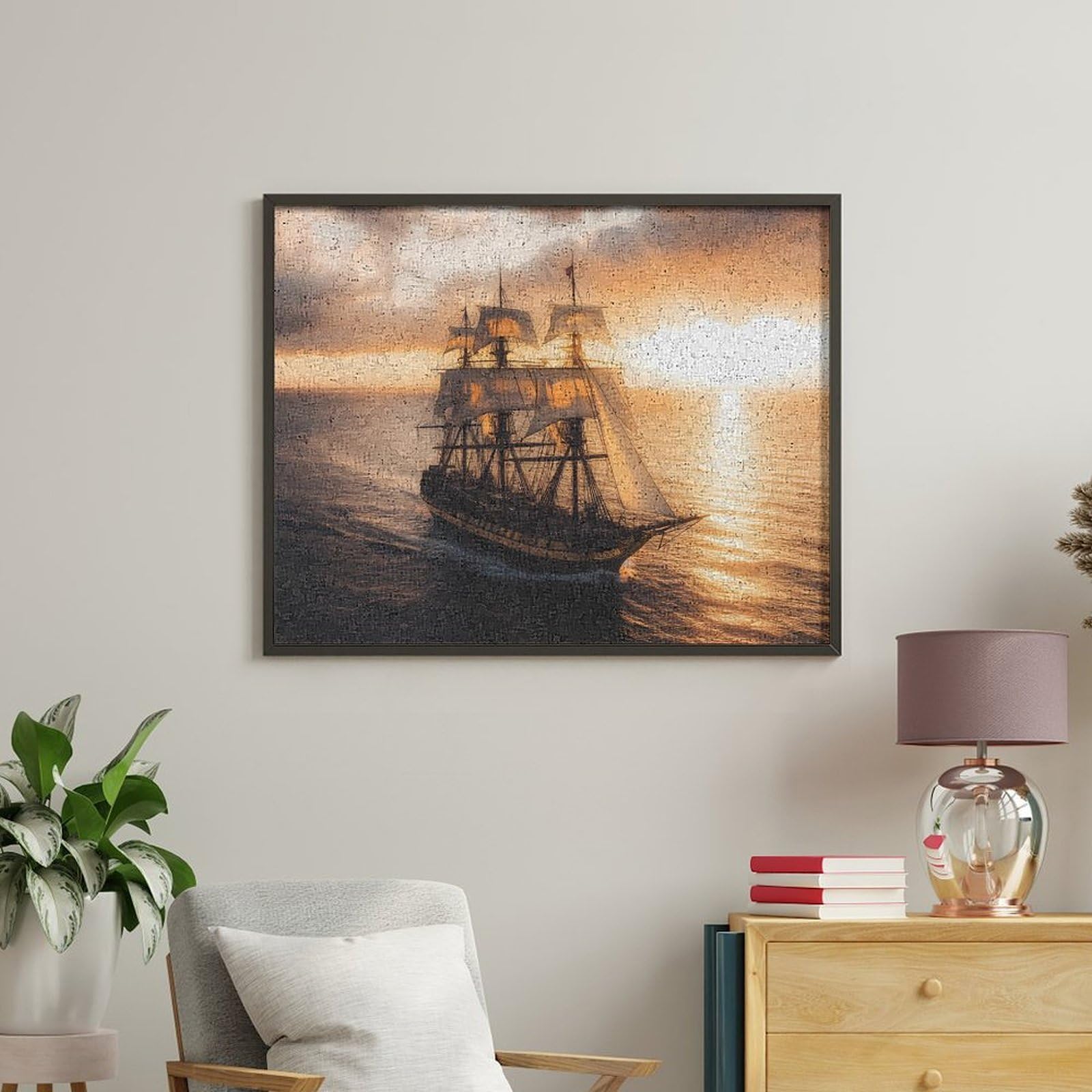 Malen nach Zahlen, Motiv: Segelschiff, Sonnenuntergang, für Erwachsene, Anfänger, bunt, DIY, einfaches Malen für Zuhause, Wanddekoration