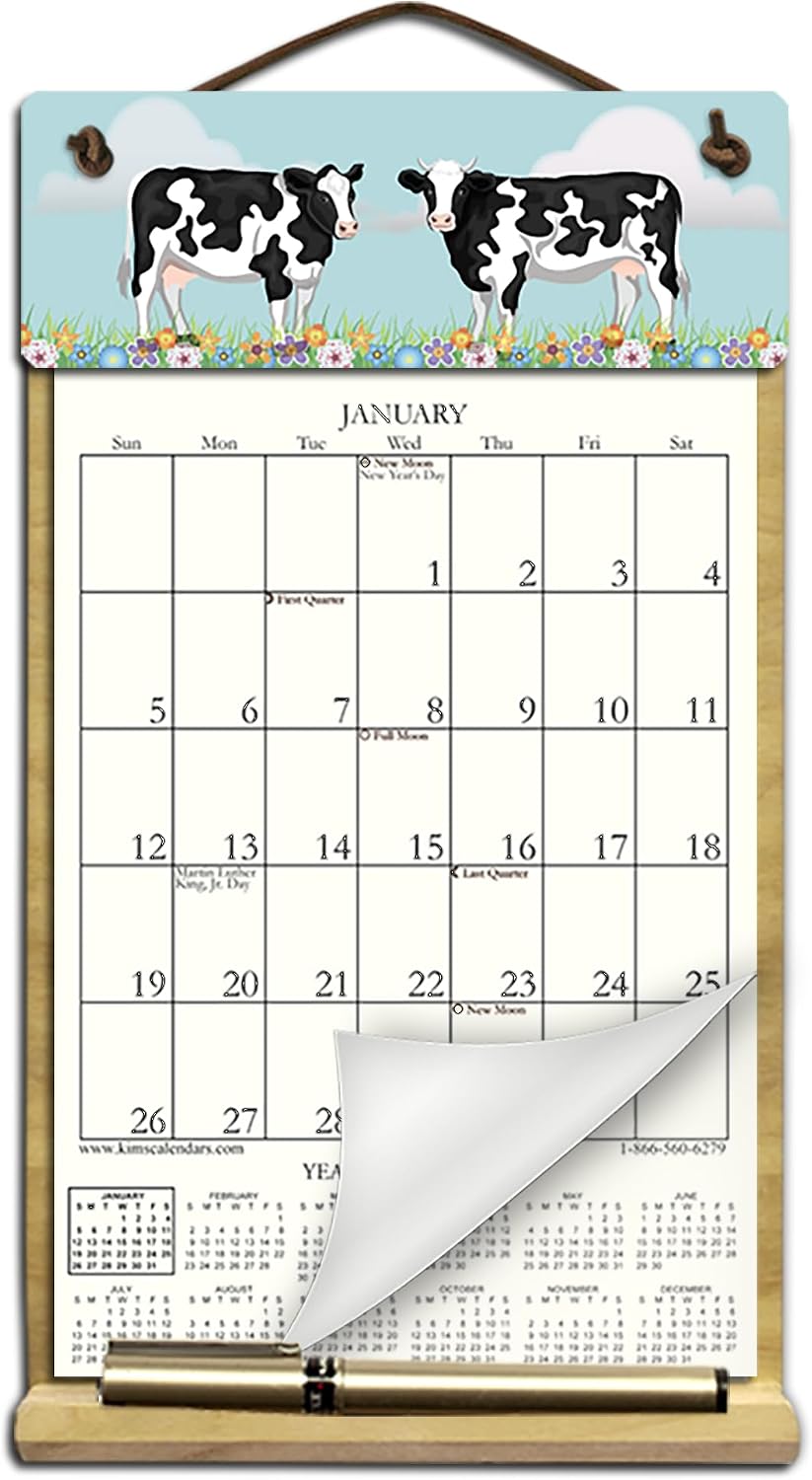 Small 7" x 12" Wooden Refillable Calendar Holder Filled with the Rest of 2026 and 2027 calendars and Includes an Order Form Page for 2028-COWS