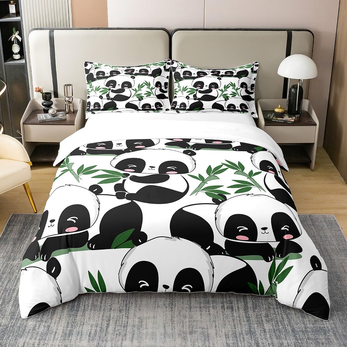 Kids Cartoon Panda Door 100% Cotton Duvet Cover Cute Animal Rugs for Living Room BedBedspread CoverKawaii Panda Bedding Set Set Green Banboo Panda Bear Printed White Comforter Cover Set Double Size