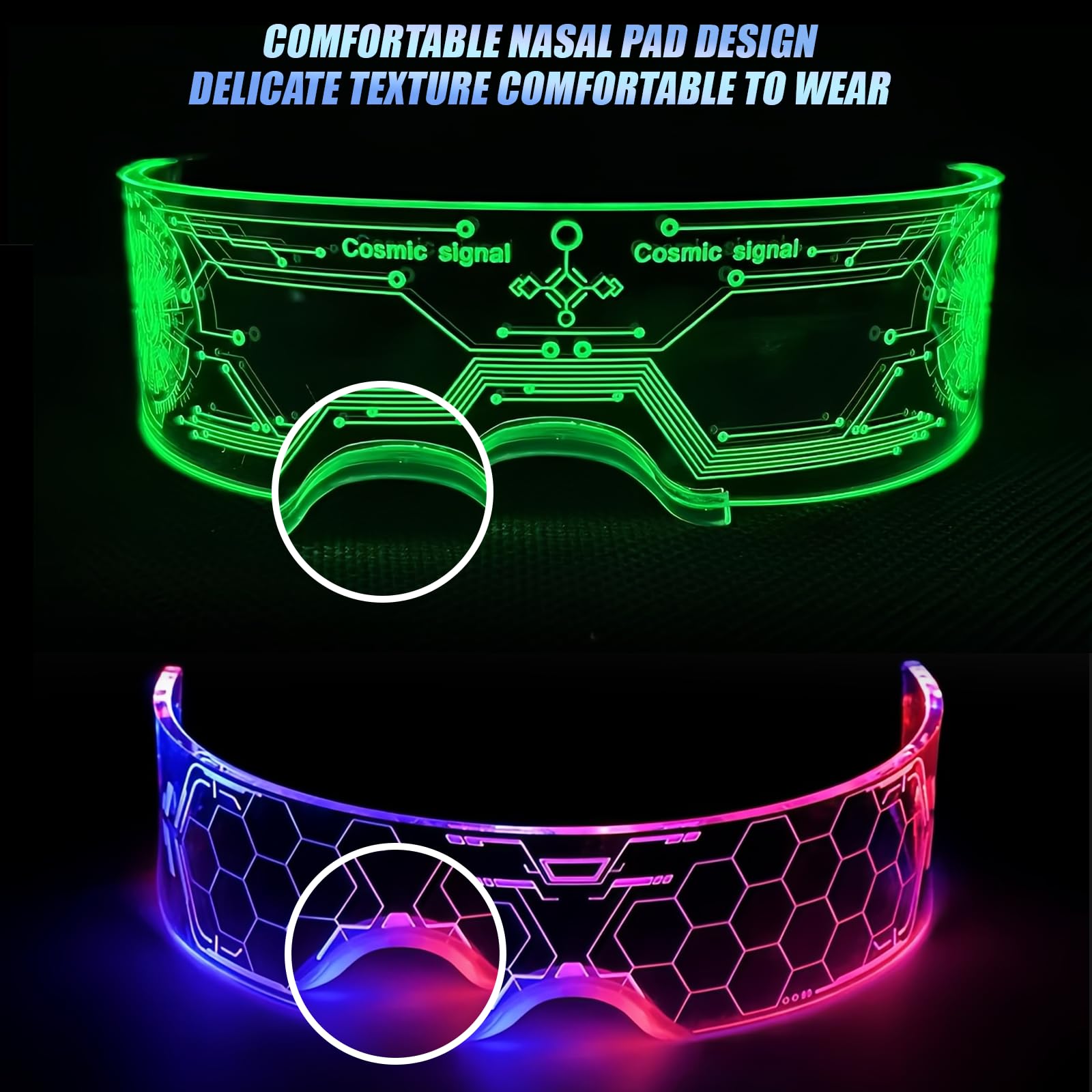 Cyberpunk LED Occhiali, 2 Pezzi: Occhiali Luminosi per Feste, Occhiali al Neon - per Carnevale, Festival, Costumi di Compleanno (7 Colori)