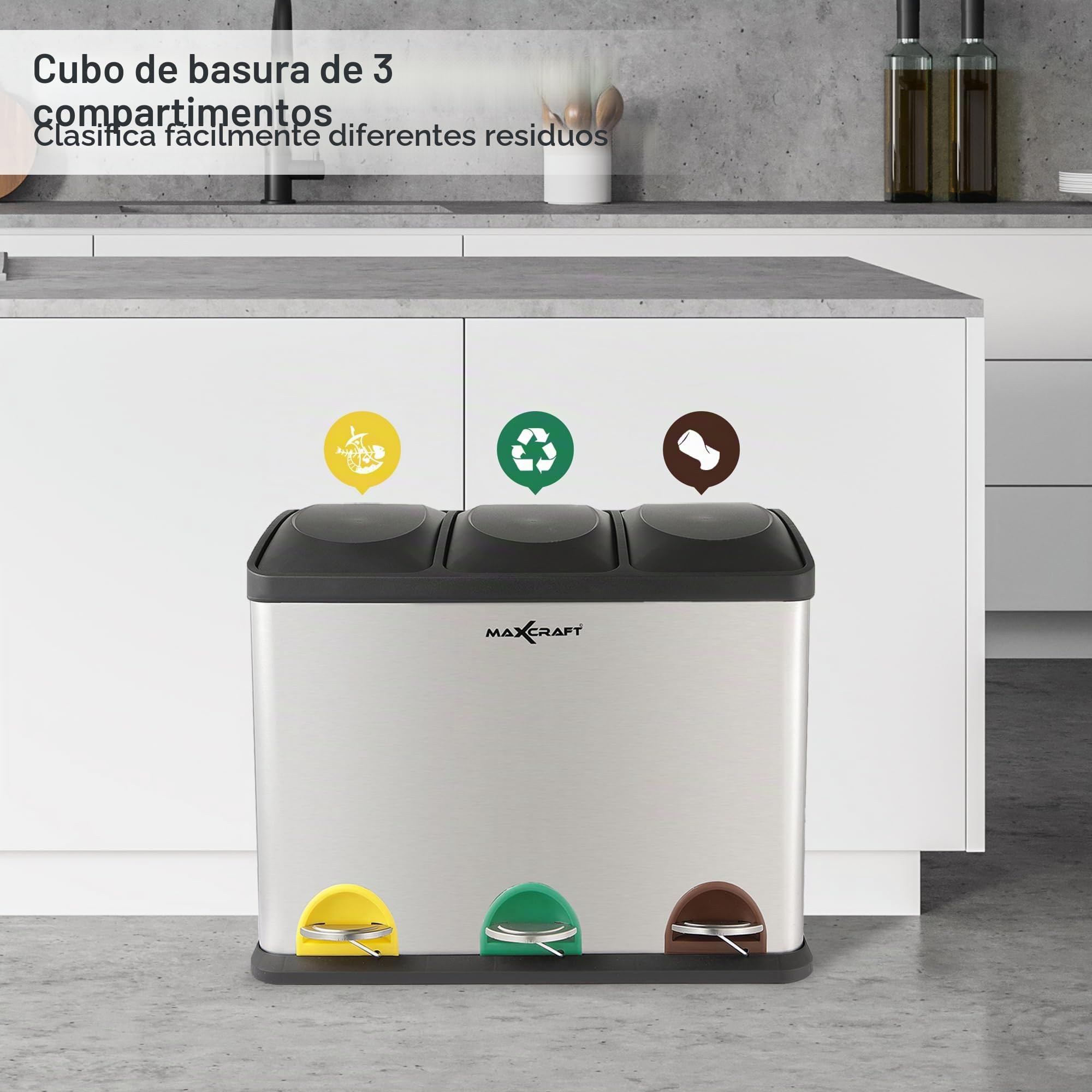 Cubo de basura Cubo de Reciclaje Basurero Acero Inoxidable Cocina 3 Contenedores con Tapas Capacidad para 54 litros (3 x 18 litros)