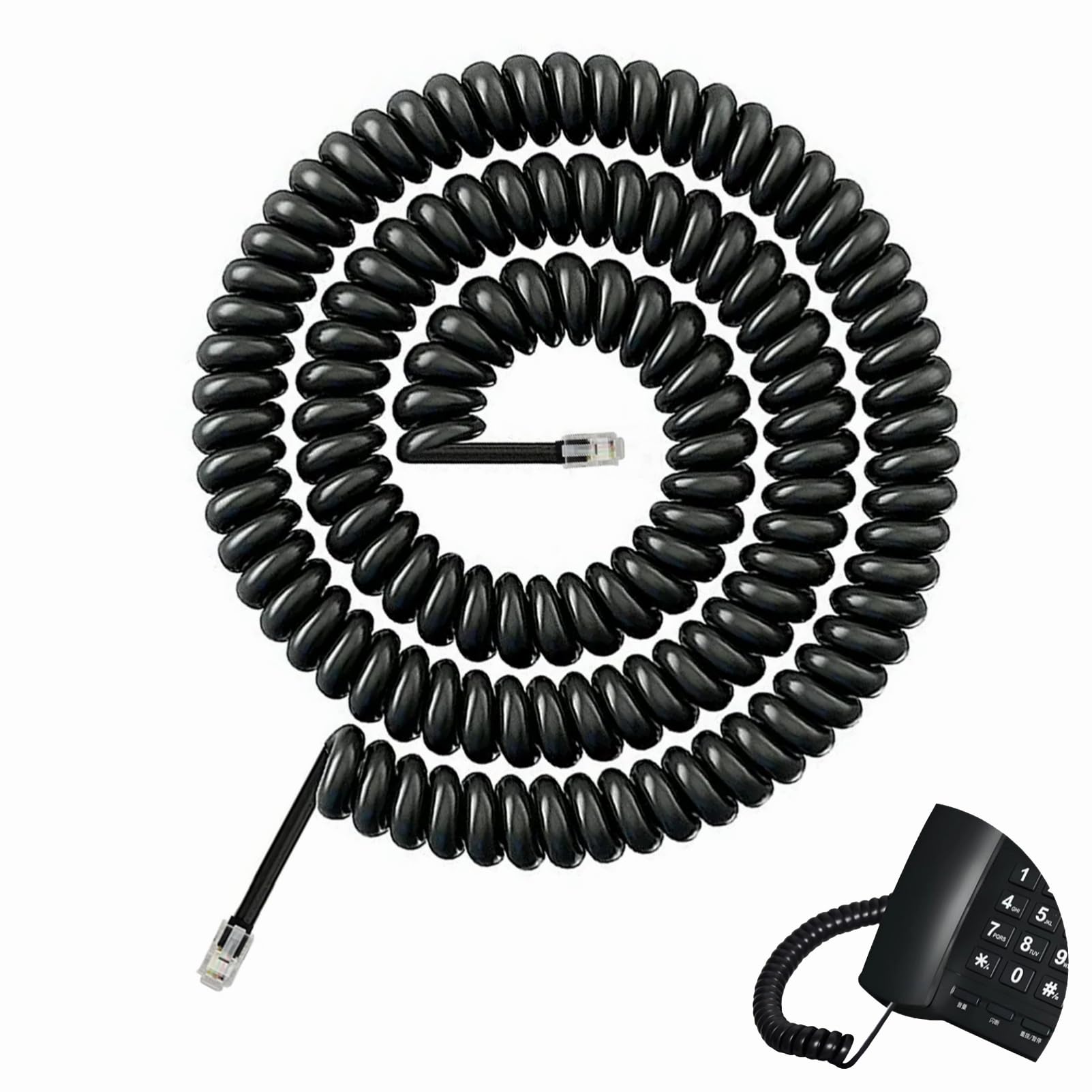 5m RJ9 Câble Téléphonique Incurvé à Ressort en Spirale, 4P4C Câble pour Combiné de Téléphone Fixe, pour Combiné Téléphonique Bureau et Maison, Cable Telephone Fixe Noir, Cordon Telephone Fixe