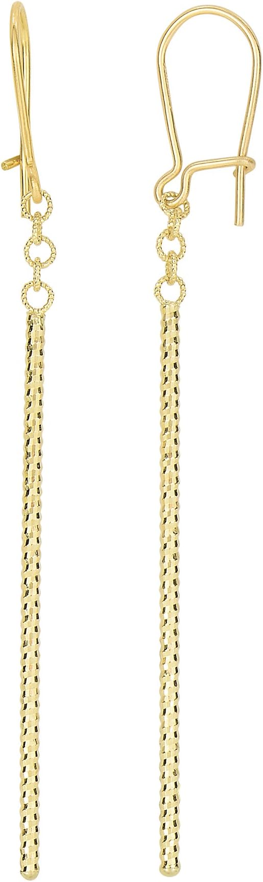 14Kt Yellow Gold 63X1.5mm Shiny+Diamond Cut Long T Ube Bar Fancy Drop Earring
