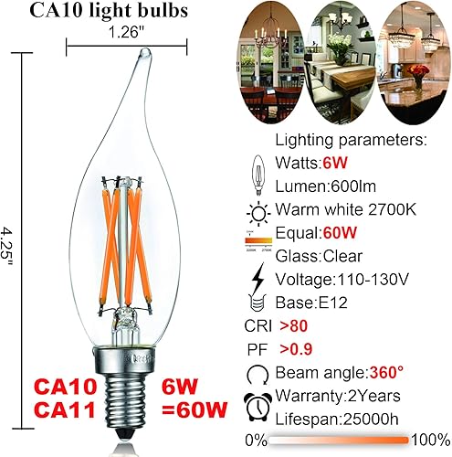 Miniatura 4 de LiteHistory Bombilla LED E12 regulable de 6 W, igual a 60 W, 2700 K, AC120 V, bombilla Edison CA10 CA11, bombilla LED para candelabros para lámparas