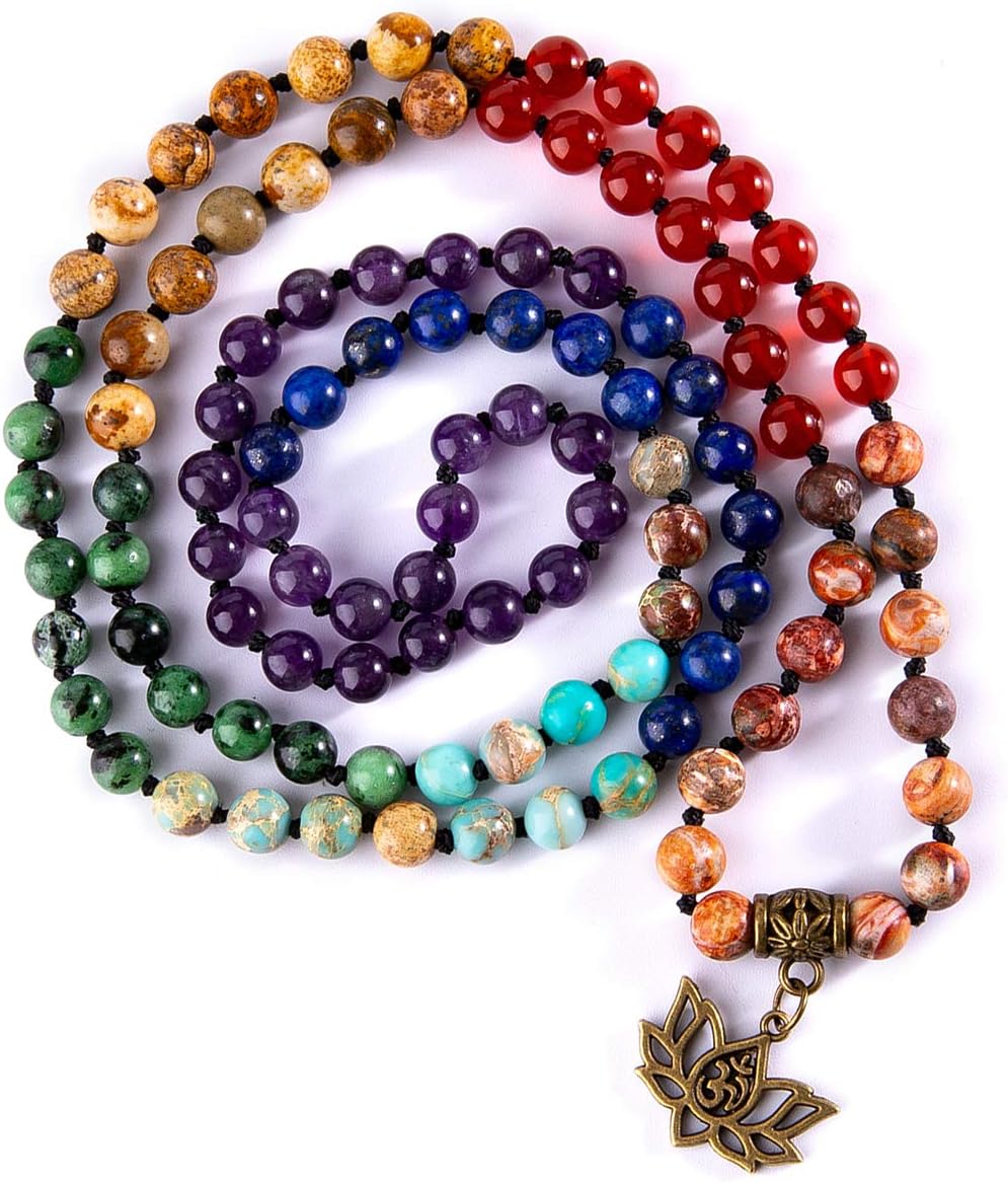 7 Chakra 108 Mala Beads Bracelet Real Gemstone Yoga Meditation Hand Knotted Mala Prayer Bead Necklace