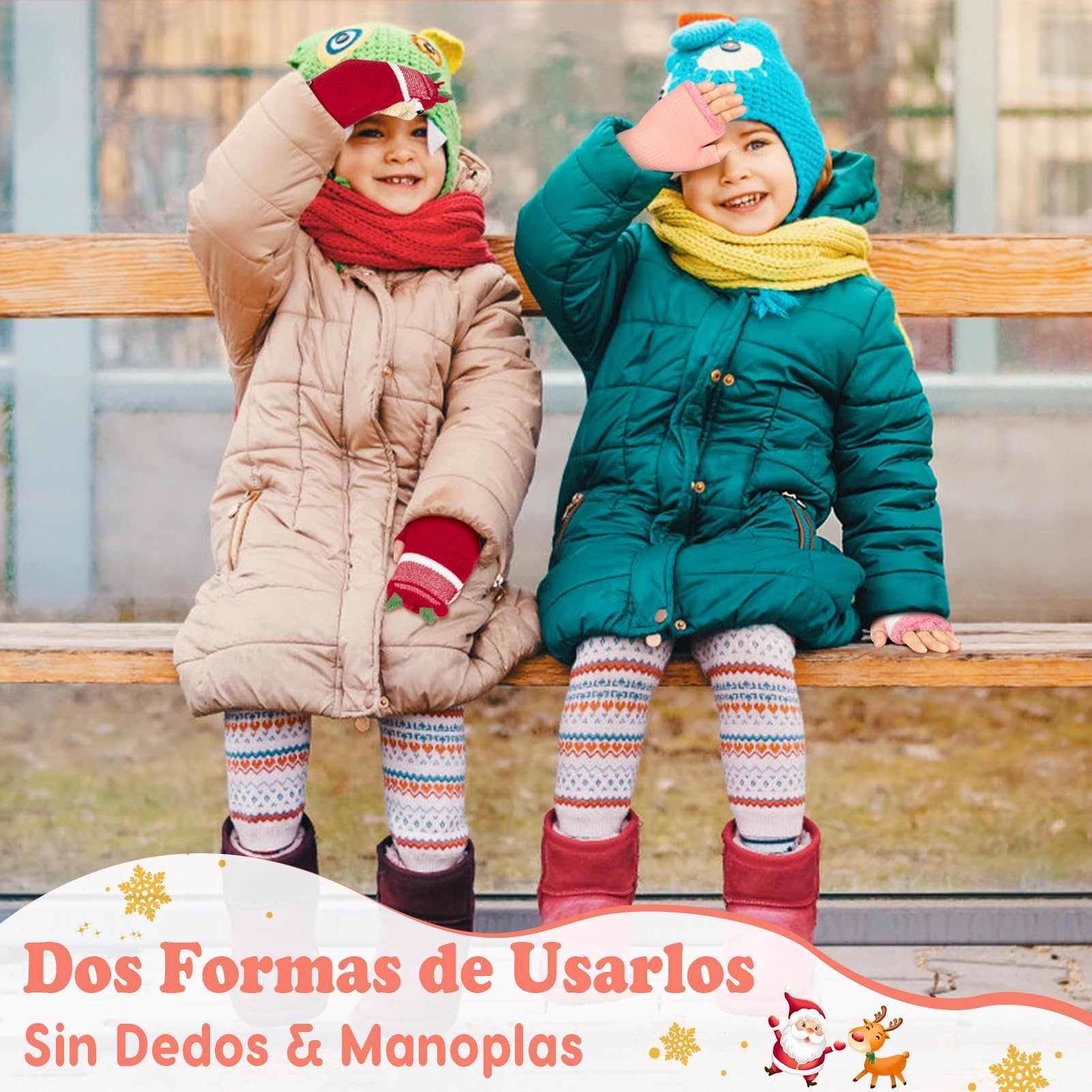 Kiiwah Guantes sin Dedos para Niños, Guantes de Invierno con convertible Flip Top, Cálido Guantes de Punto, Suave Forro de Felpa Medio Dedo Guantes Patrón Lindo para Niños Niñas, 3-8 Años