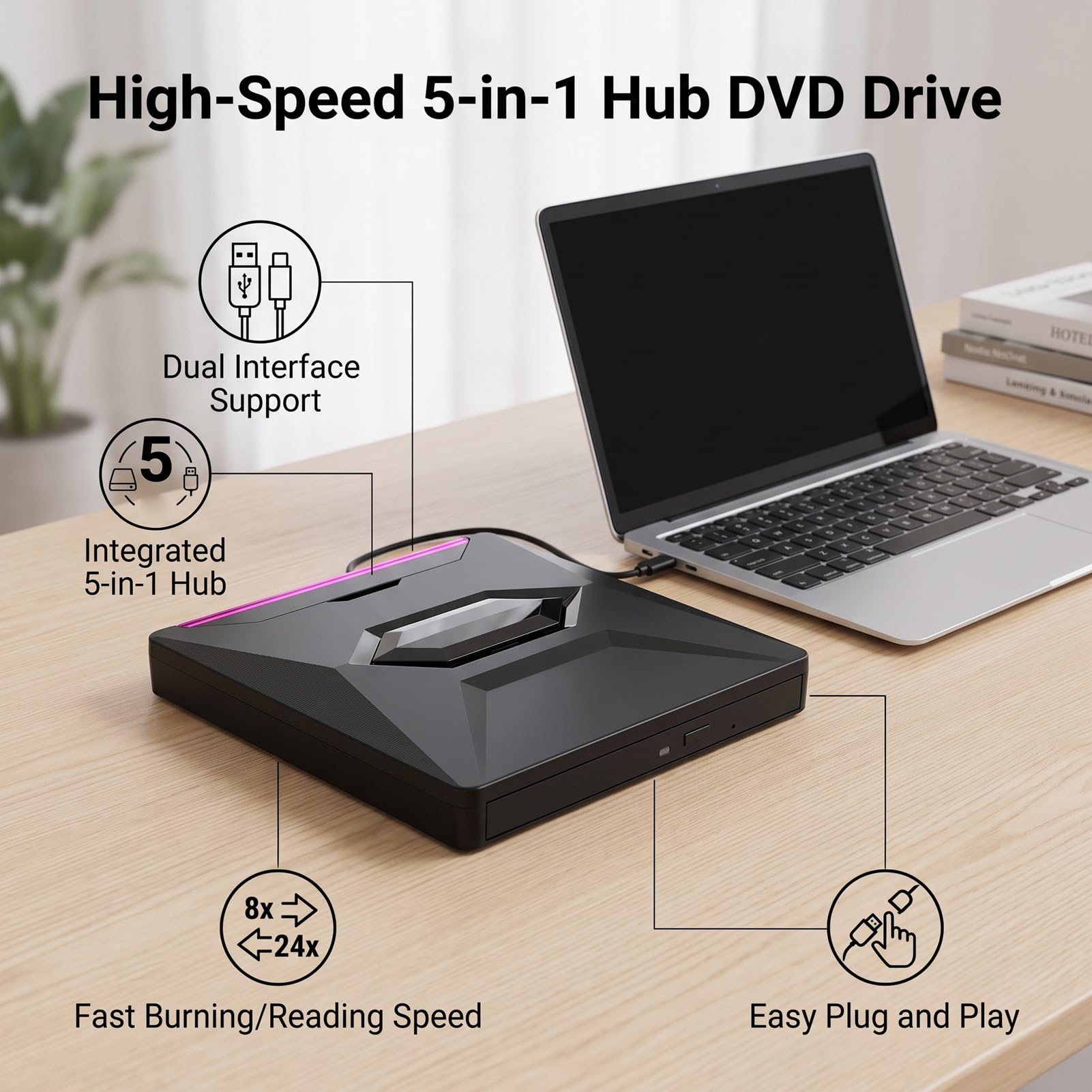 Luocute Zewnętrzny Napęd CD DVD, 8X DVD 24X CD do Laptopa