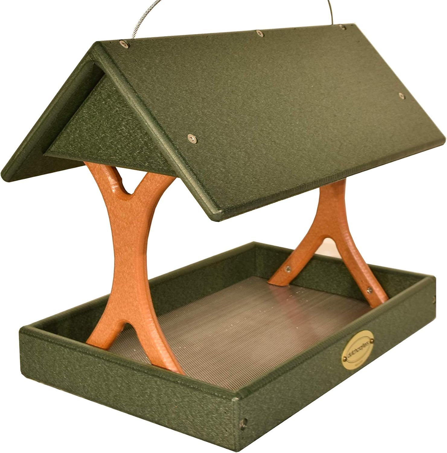 DutchCrafters Poly Plastic Hanging Fly Through Bird Feeder, Covered Fly-Thru Mesh Tray Wild Bird Feeder - Amish Made in USA (Hanging, Turf Green & Cedar)