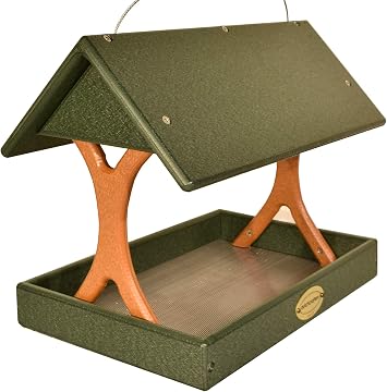 DutchCrafters Poly Plastic Hanging Fly Through Bird Feeder, Covered Fly-Thru Mesh Tray Wild Bird Feeder - Amish Made in USA Hanging, Turf Green & Cedar