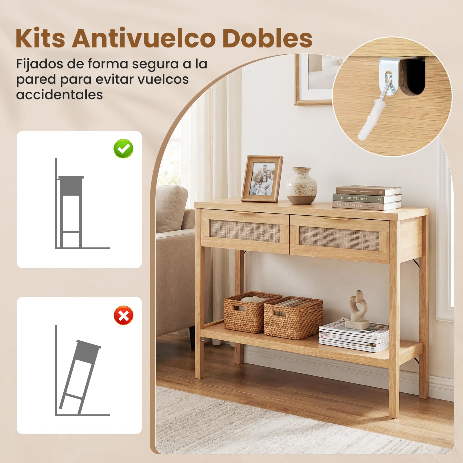 COSTWAY Mesa Consola Estrecha, Consola de Recibidor con 2 Cajones de Ratán, Estante de Almacenamiento Abierto, Kit Antivuelco, Mesa Auxiliar de Sofá para Entrada, Pasillo, 100 x 35 x 76 cm (Natural)