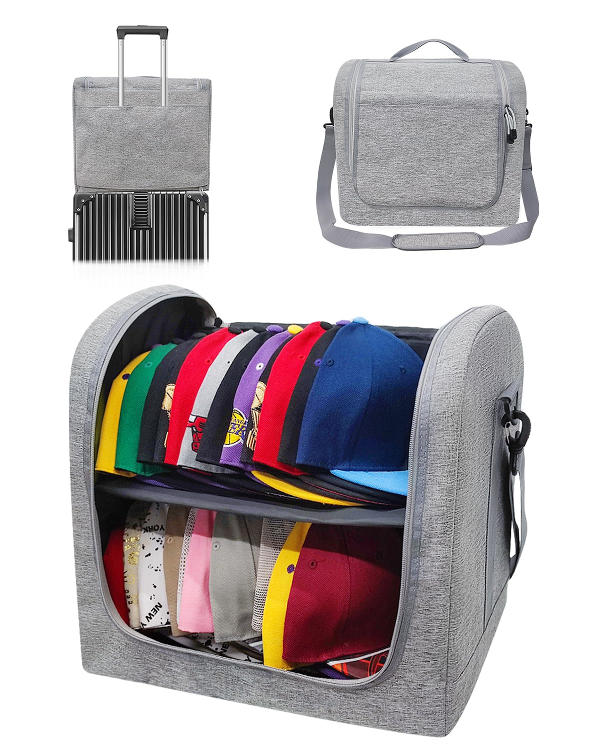 MSKEI Large Hat Bag for Baseball Caps, Stackable Hat Organizer Bag, Hat Travel Case, Cap Storage Bag, Portable Hat Carrier for 24 Ball Caps, Grey
