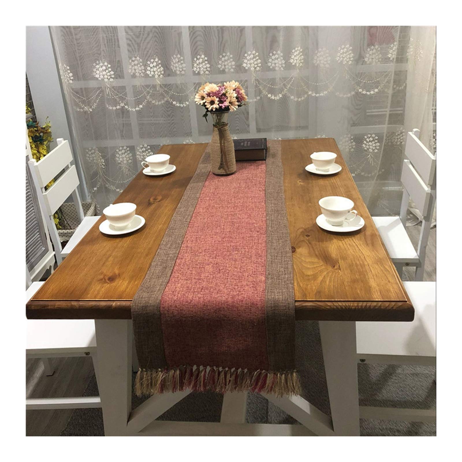 Tischtücher Hochzeit, Rotbraun Best Tischläufer Gestreiftes Spleißen mit Quasten Tischläufer Cotton Linen 38x180CM