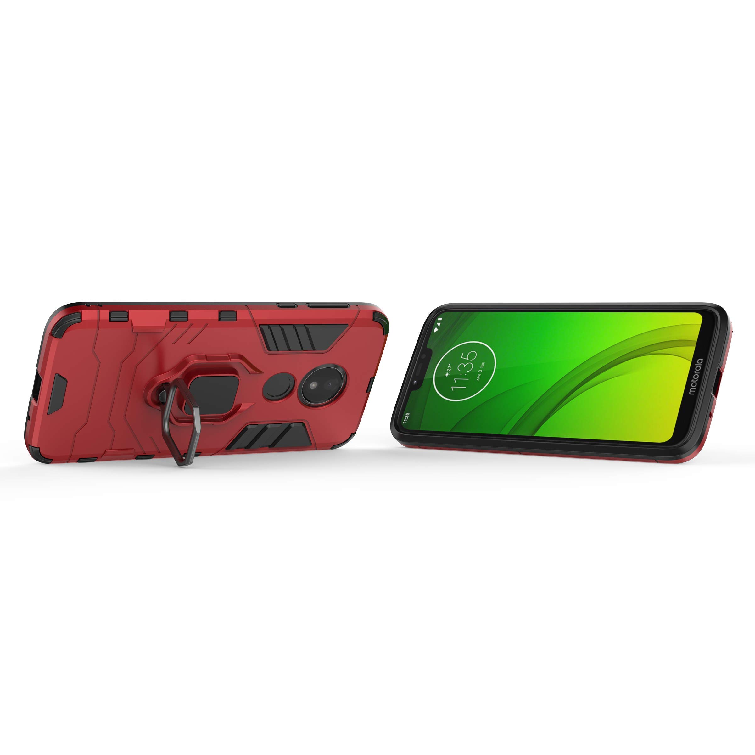 LuluMain Cover Per Moto G7 Power Con Anello Porta E Cavalletto - Custodia Paraurti Rossa (Supporto Magnetico Auto)