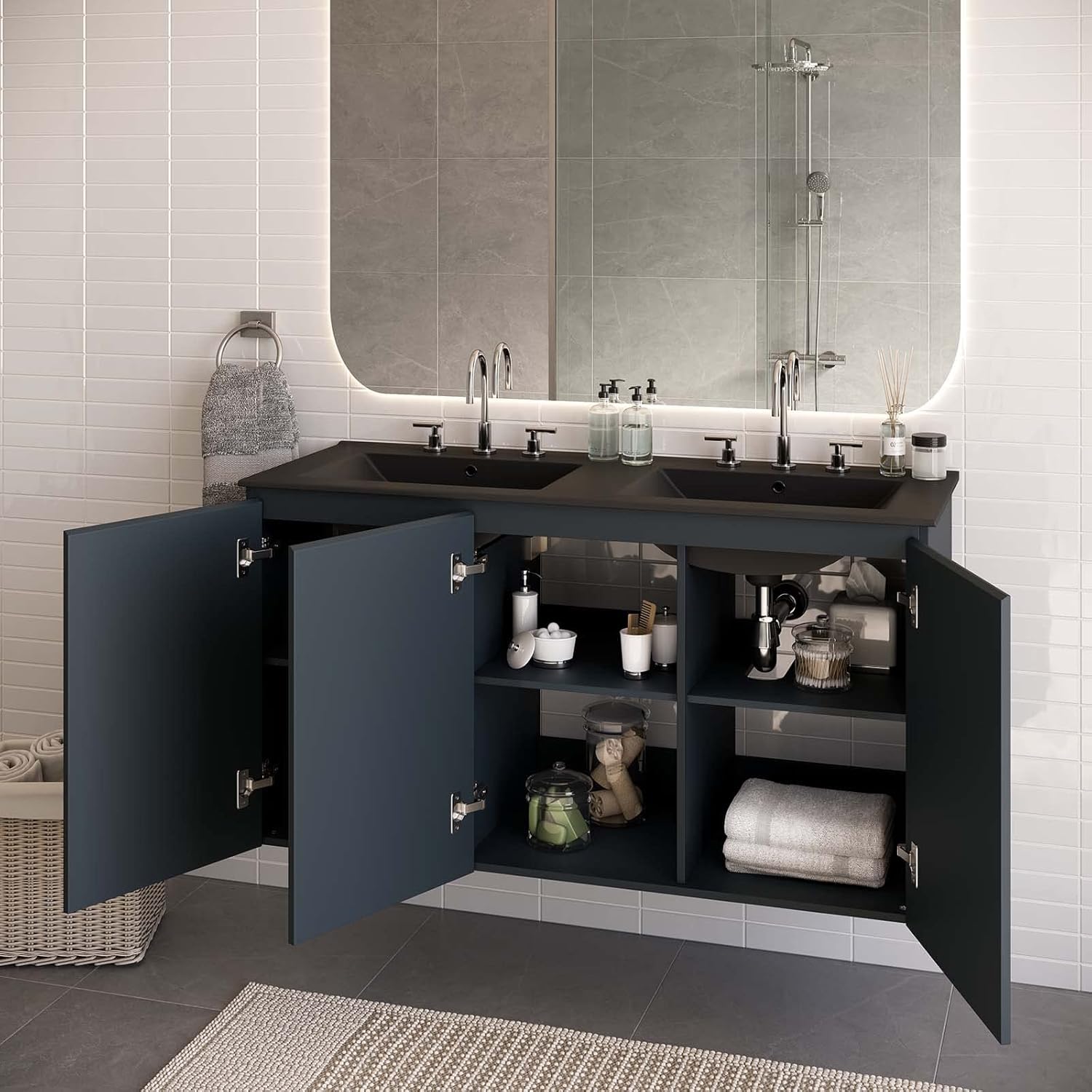 Modway Bryn 48" Modern Wood/Ceramic Double Sink Bathroom Vanity in Gray/Black