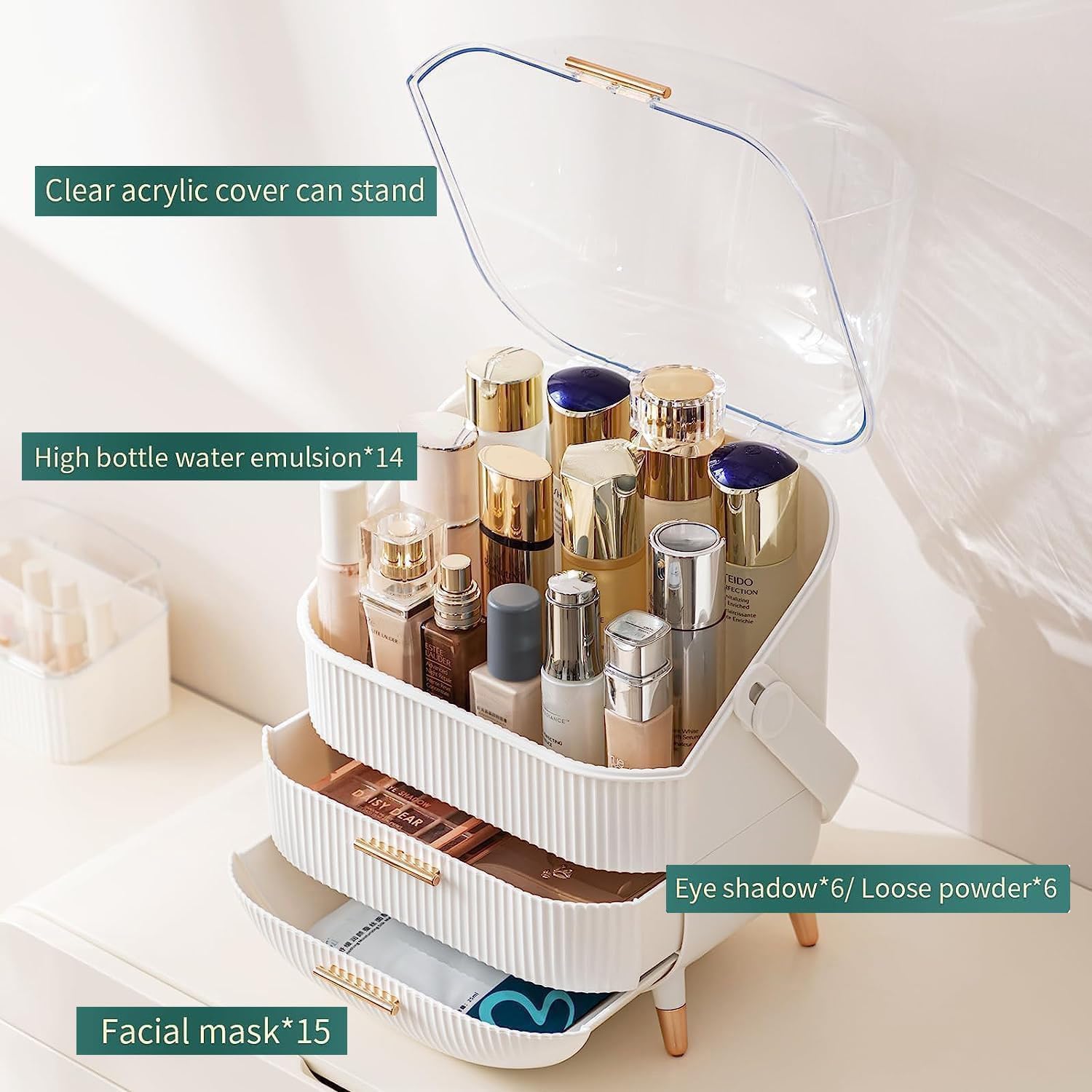 Scatola portaoggetti per trucchi, vetrina per cosmetici con copertura trasparente, contenitore impermeabile alla polvere per cosmetici, adatta per piano di lavoro del bagno e camera da letto