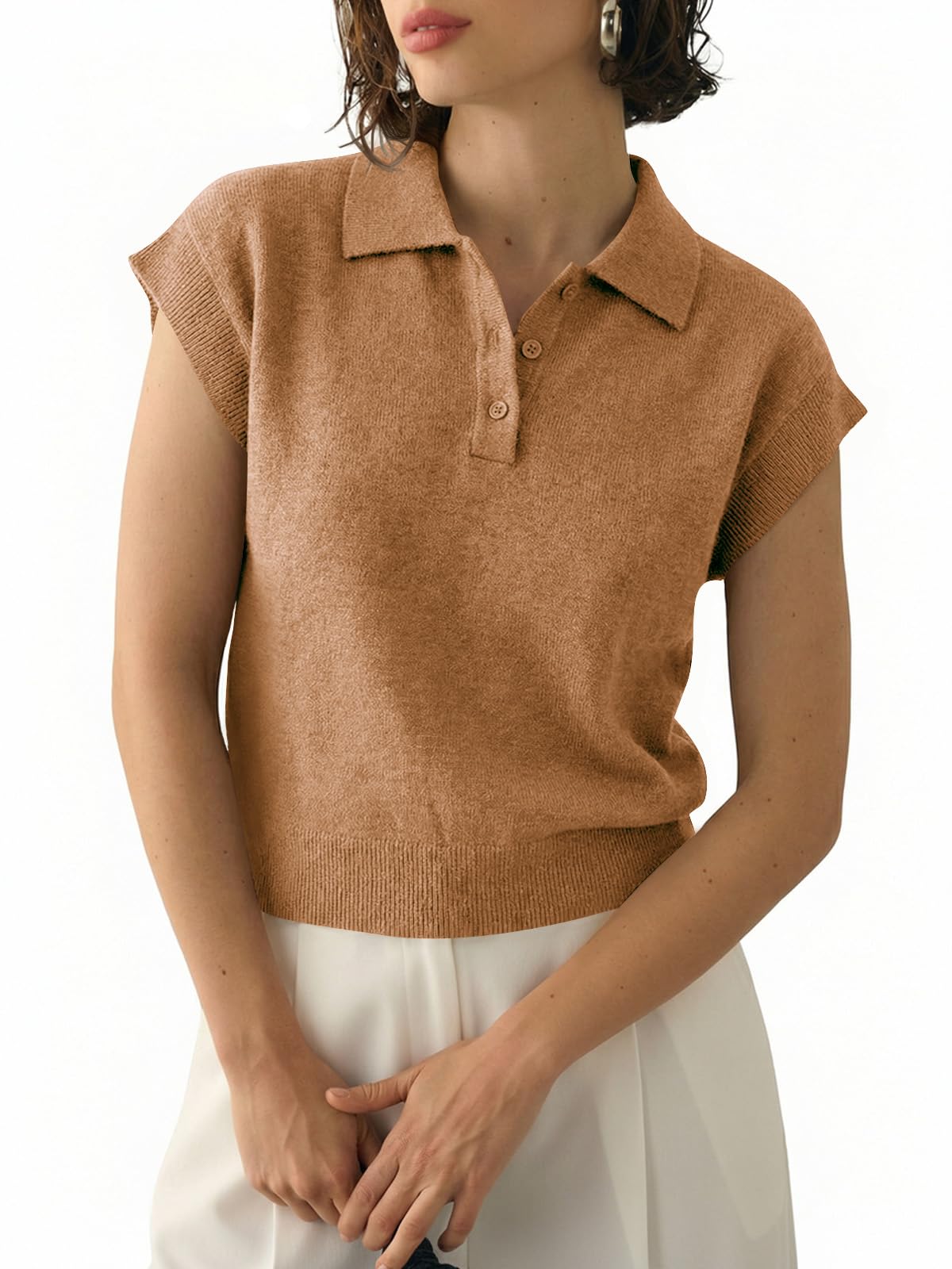 Womens Cap Short Sleeve Sweater Top Summer Polo Shirts Button Collared Knit Business Casual Pullover Sweater-image-15