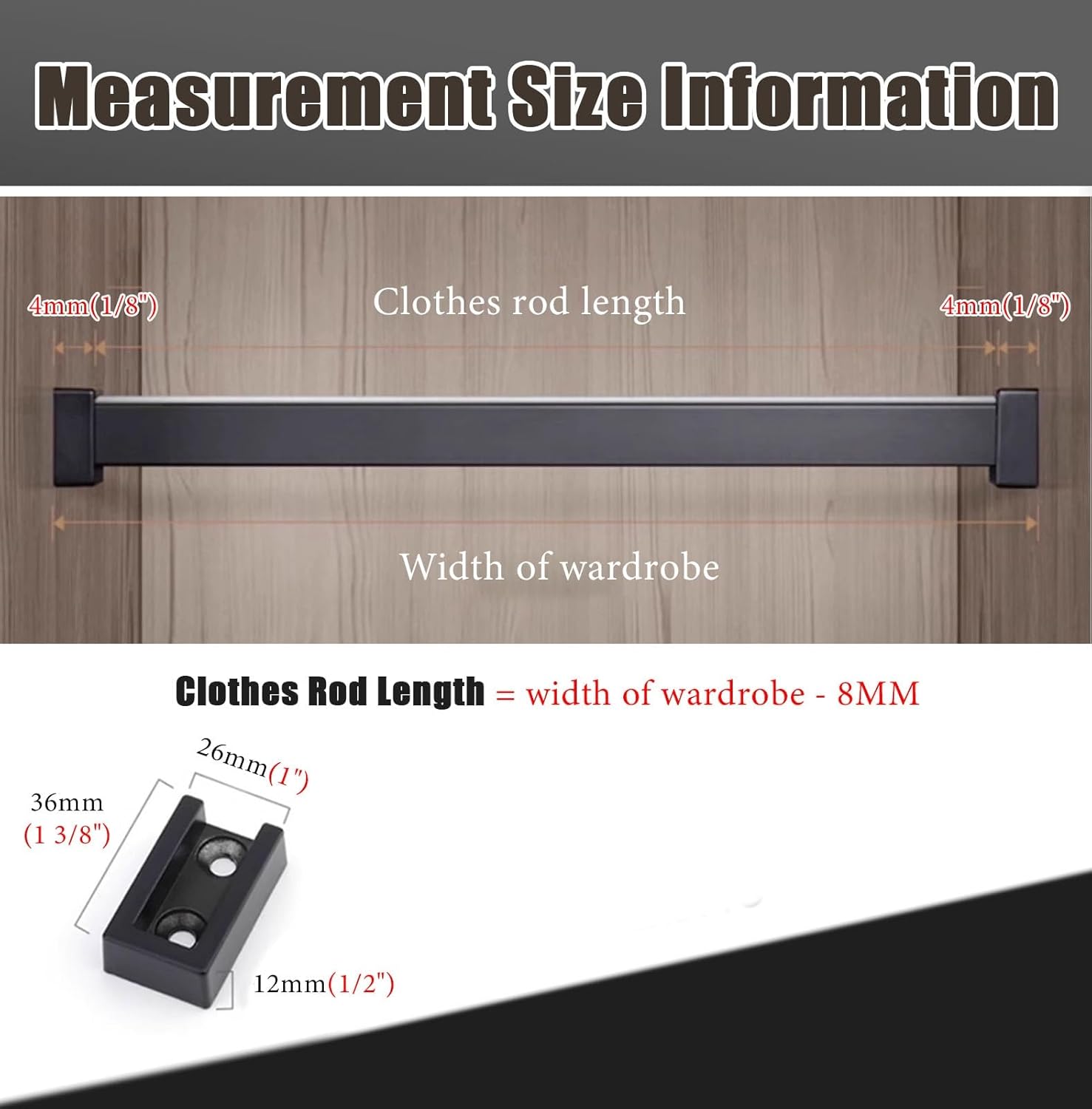 ワードローブレールクローゼットレールハンギング衣服棒、12 24 30 36 45 47 59 63インチスクエアワードローブハンガ