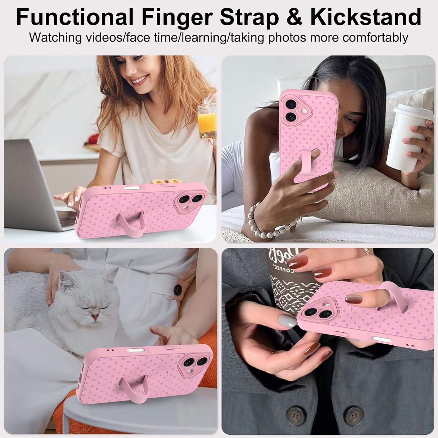 Magnetic for iPhone 17 Case with Finger Strap Stand, Compatible with Magsafe, Trendy Polka Dots Phone Case for Women Men Slim Shockproof Cover for 17, Pink Polka Dots