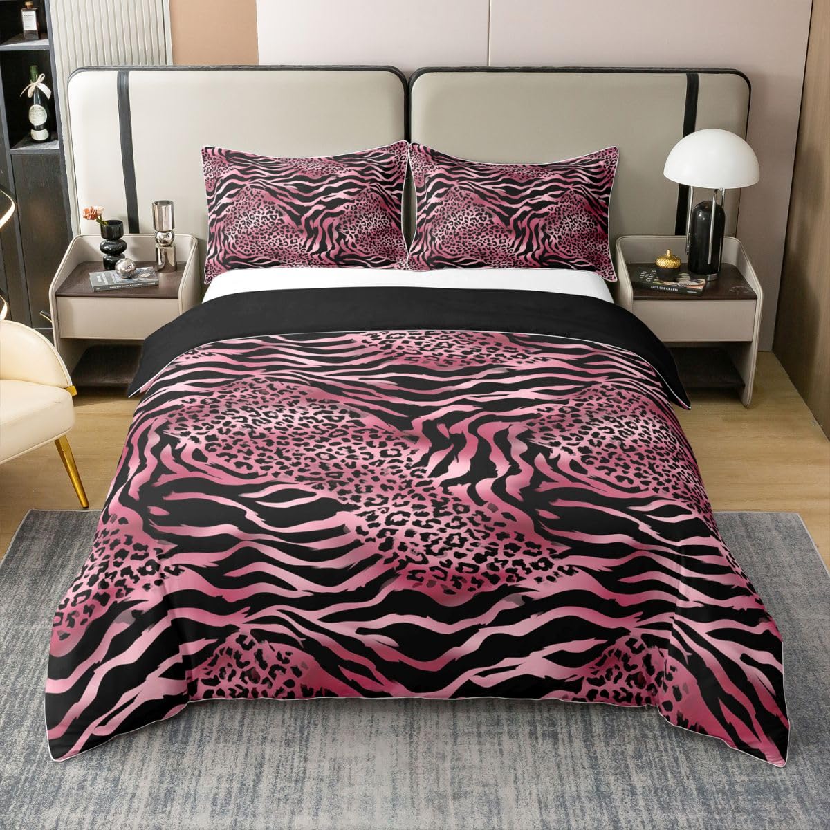 Housses de couettes patchwork imprimé léopard rose en coton 220x240