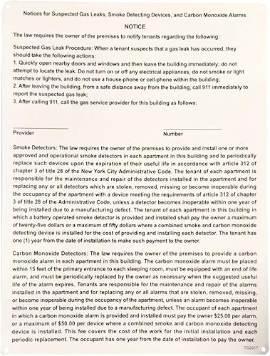 16" x 12" "N.Y.C. sospecha de fugas de gasdetector de humo avisoaviso de alarma de monóxido de carbono" letrero de metal