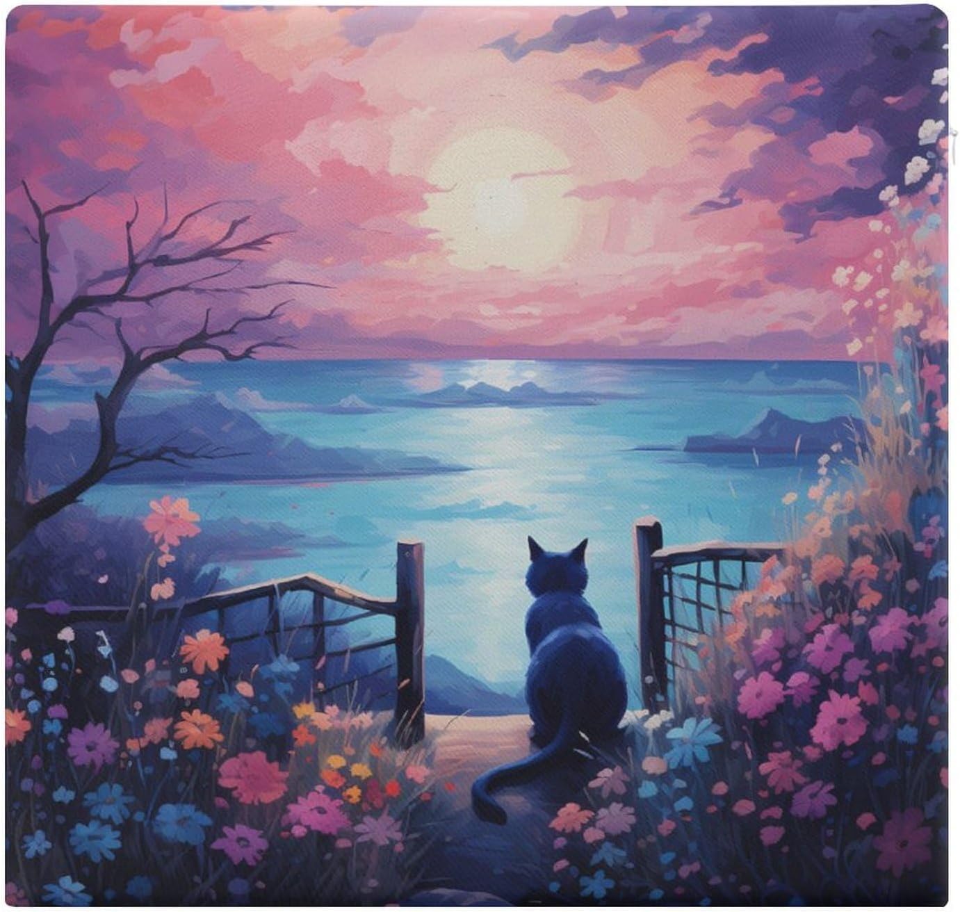 Sunset Kittens Cat Floor Pillow Meditation Yoga Cushion Square Chair Cushion Pillows Seating for Adults