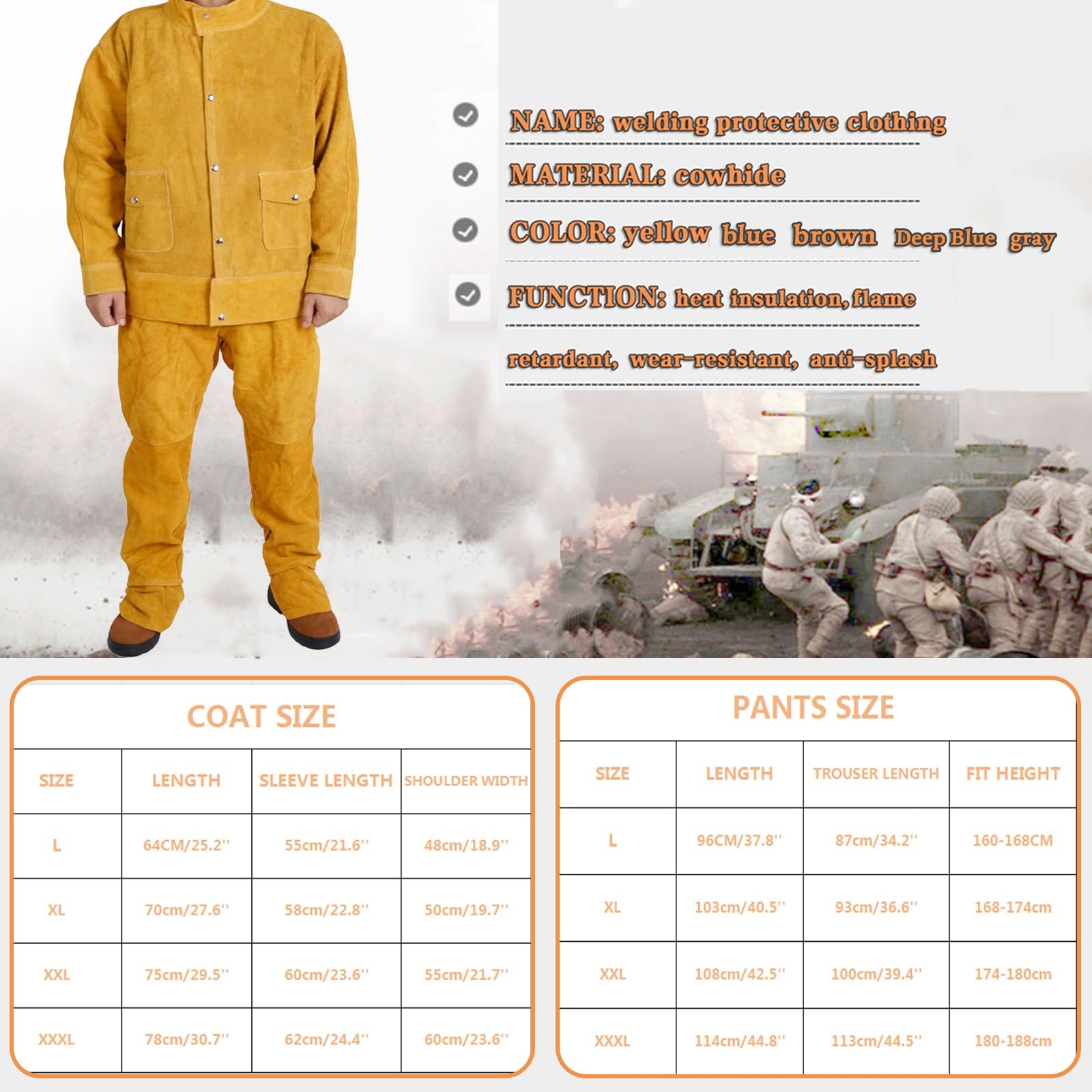 Cowhide Schweißer-Overall Für Männer Und Frauen Flammhemmende Schweißerjacke Hochbelastbar Schweißer-Lederhosen 2er Set(Gris,XXL)