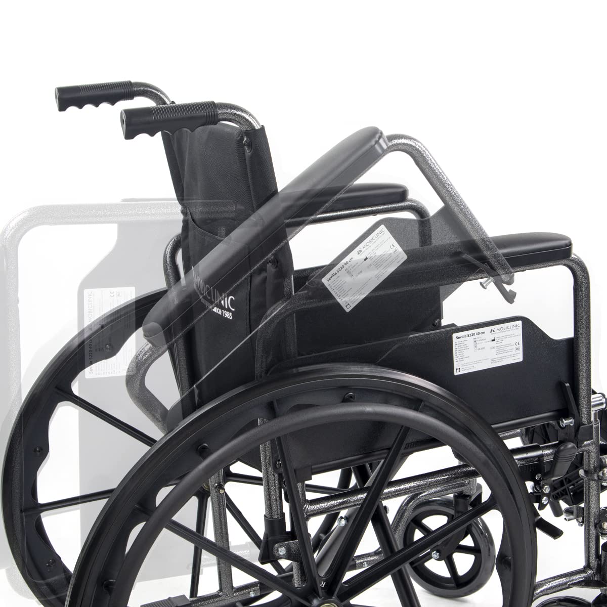 Mobiclinic, Silla de ruedas plegable, S220, Extracción rápida pulsando un botón, Premium, Asiento 46cm, Reposapiés y reposabrazos abatibles, Palanca freno, Resistente, Color negro