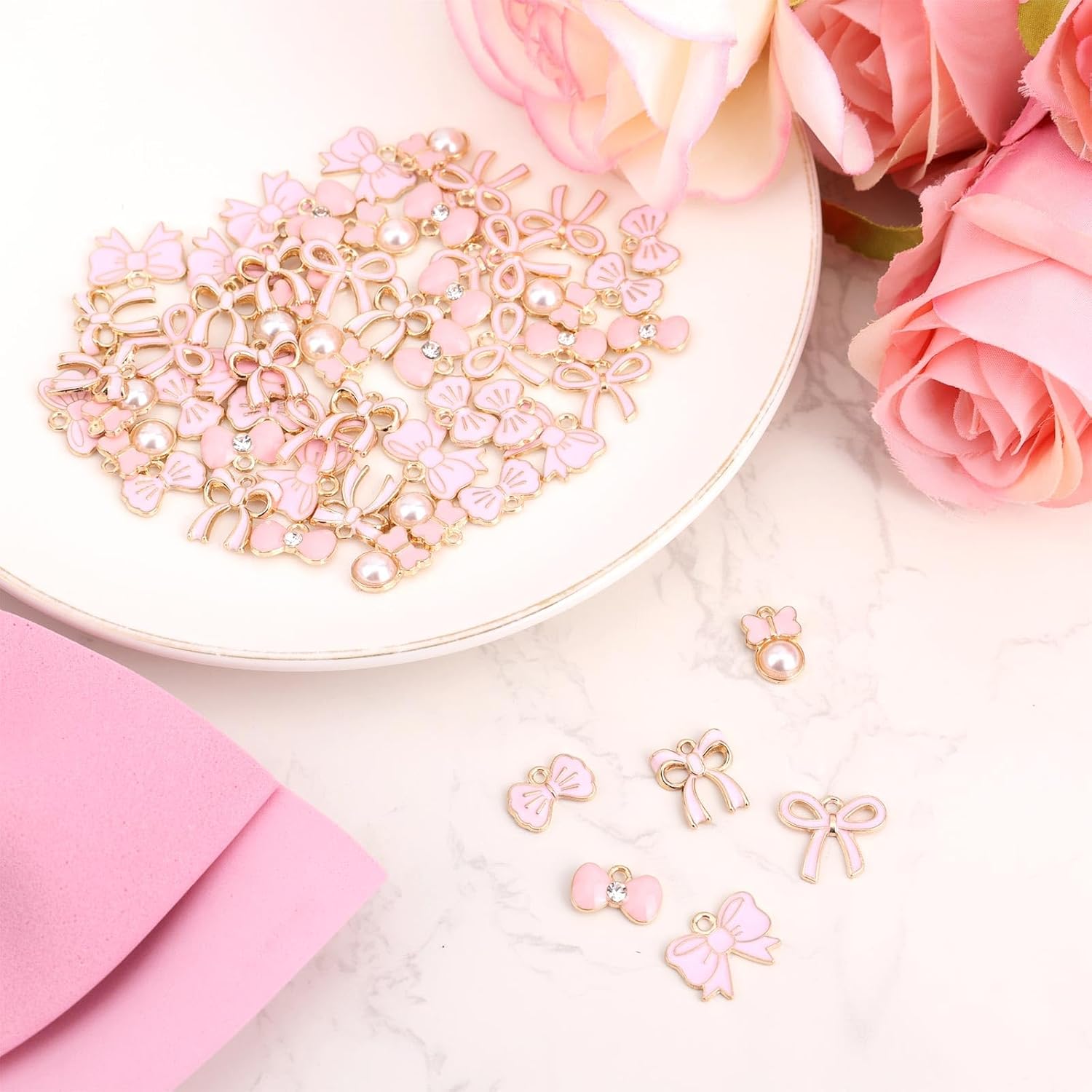 60pcs Pink Bow Charm, 6 Styles Zinc Alloy Bow Pendant Cute Enamel Bownot Theme Connection Accessories for Ornament DIY Necklace Bracelet Jewelry Making - Image 4