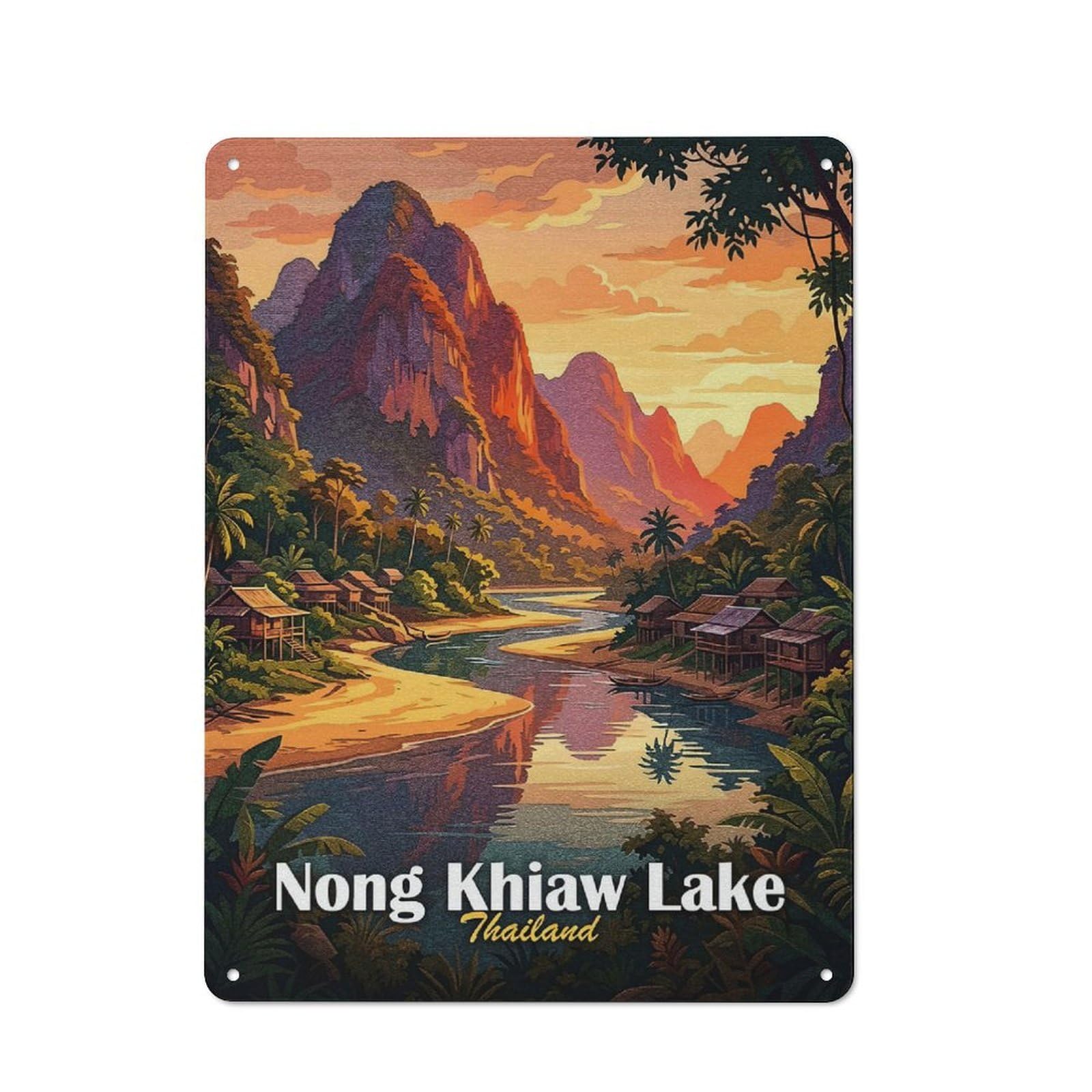 Junmoney Style Tin Wall Plaque 40X30cm With Nong Khiaw Lake, Thailand Landscape Art For Guest Room Or Hallway, A Decorative Christmas Gift For Home Decor Collectors