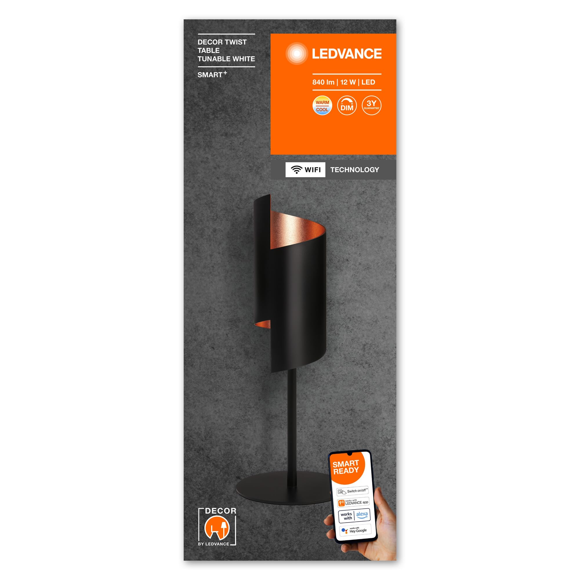 LEDVANCE SMART+ DECOR Twist lampada da tavolo WiFi, nera, 12W, 840lm, luce bianca regolabile 3000-6500K, DIM, luce verso l'alto e il basso, controllabile tramite app, compatibile con Amazon, Google