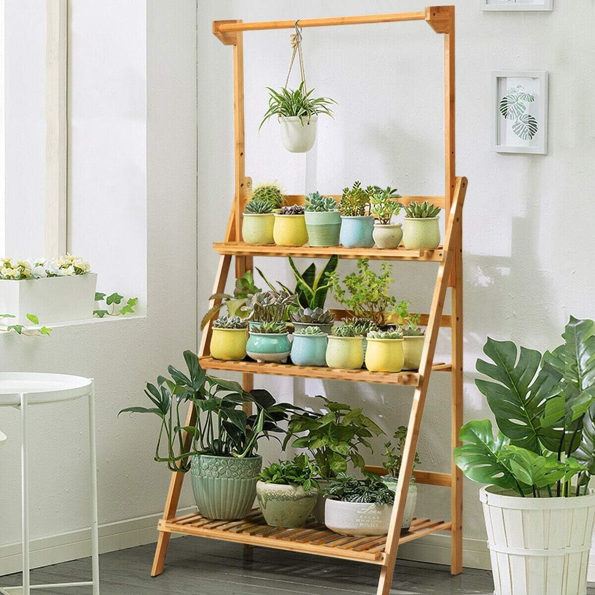 ReunionG 3-Tier Bamboo Plant Stand, Foldable Hanging Flower Plant Shelf, Pot Organizer Display Storage Rack with Adjustable Height Hanger Rod, Planter Ladder Potted Holder for Patio Garden